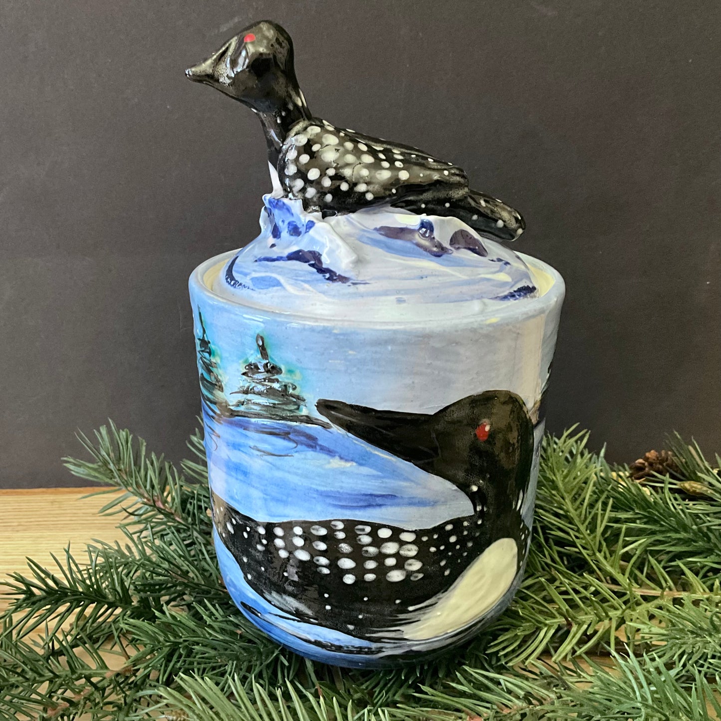 Lidded Jar with Loons & Loon Finial