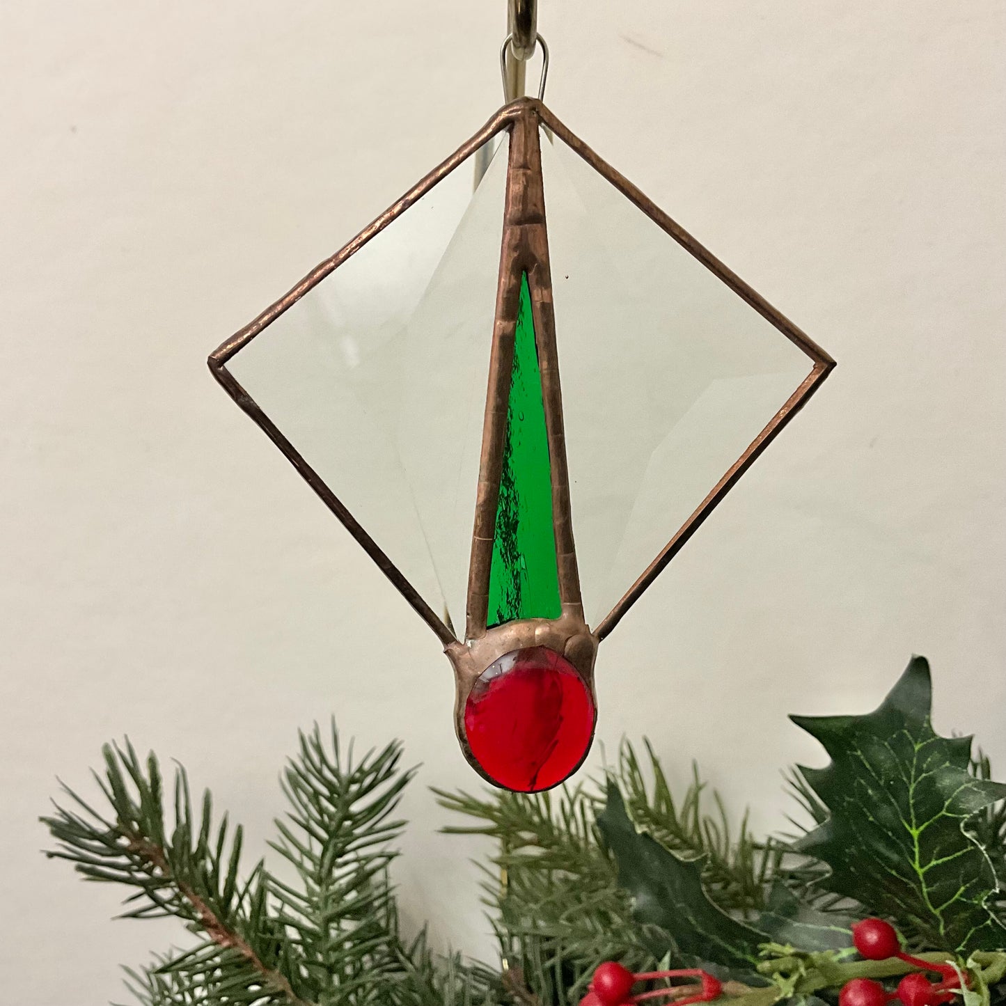 Stained Glass Diamond w Clear Beveled Glass, Red & Green Details