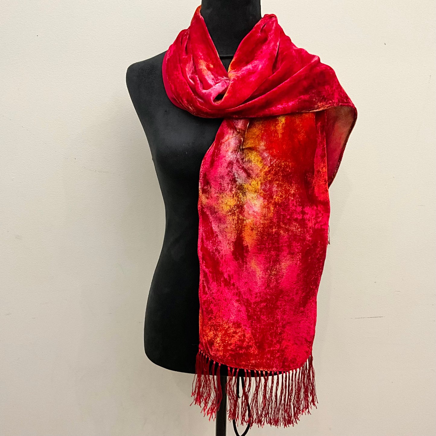 Ice Dyed Silk Velvet Scarf Cinnabar , small with fringe