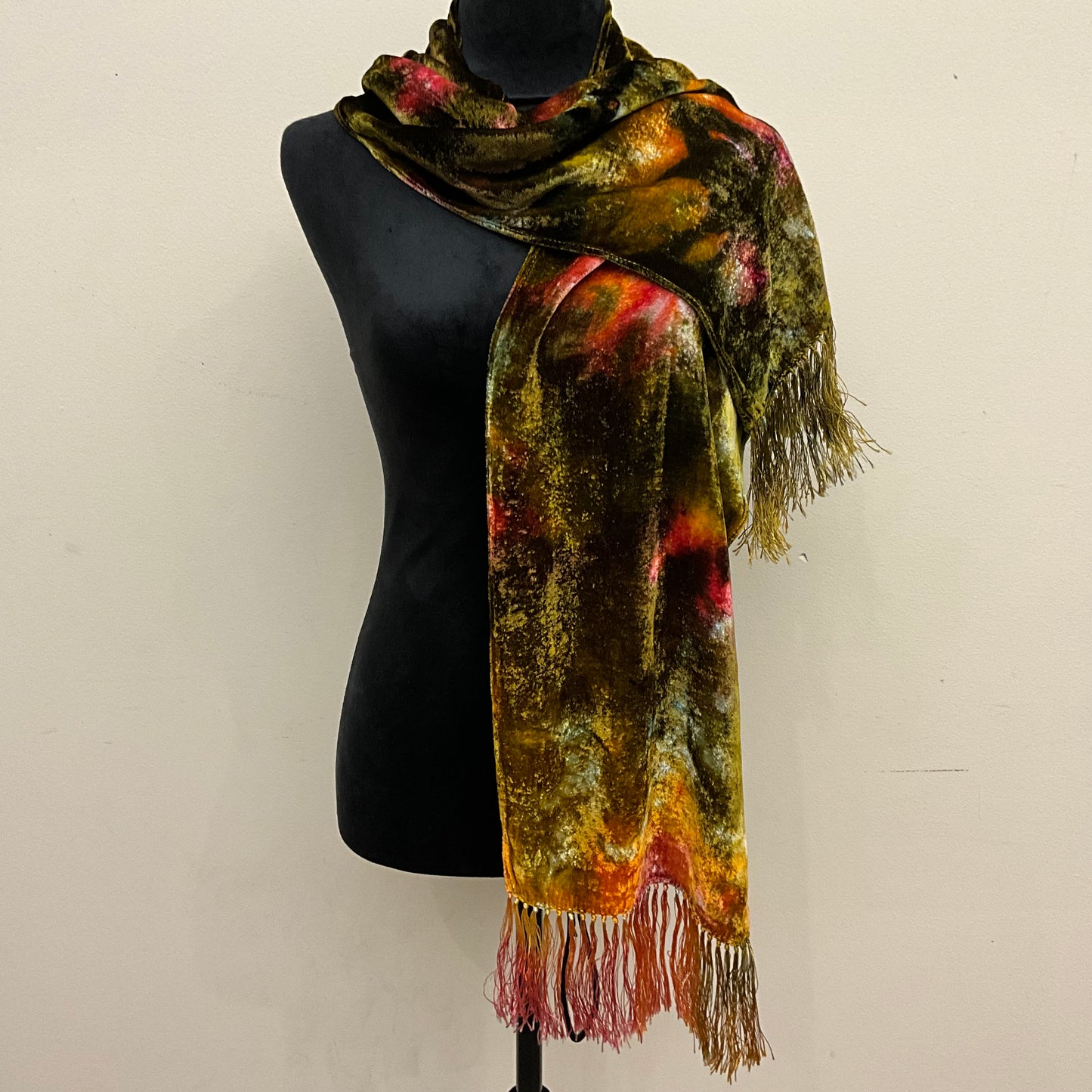 Ice Dyed Silk Velvet Scarf - Vintage Moss, small with Fringe