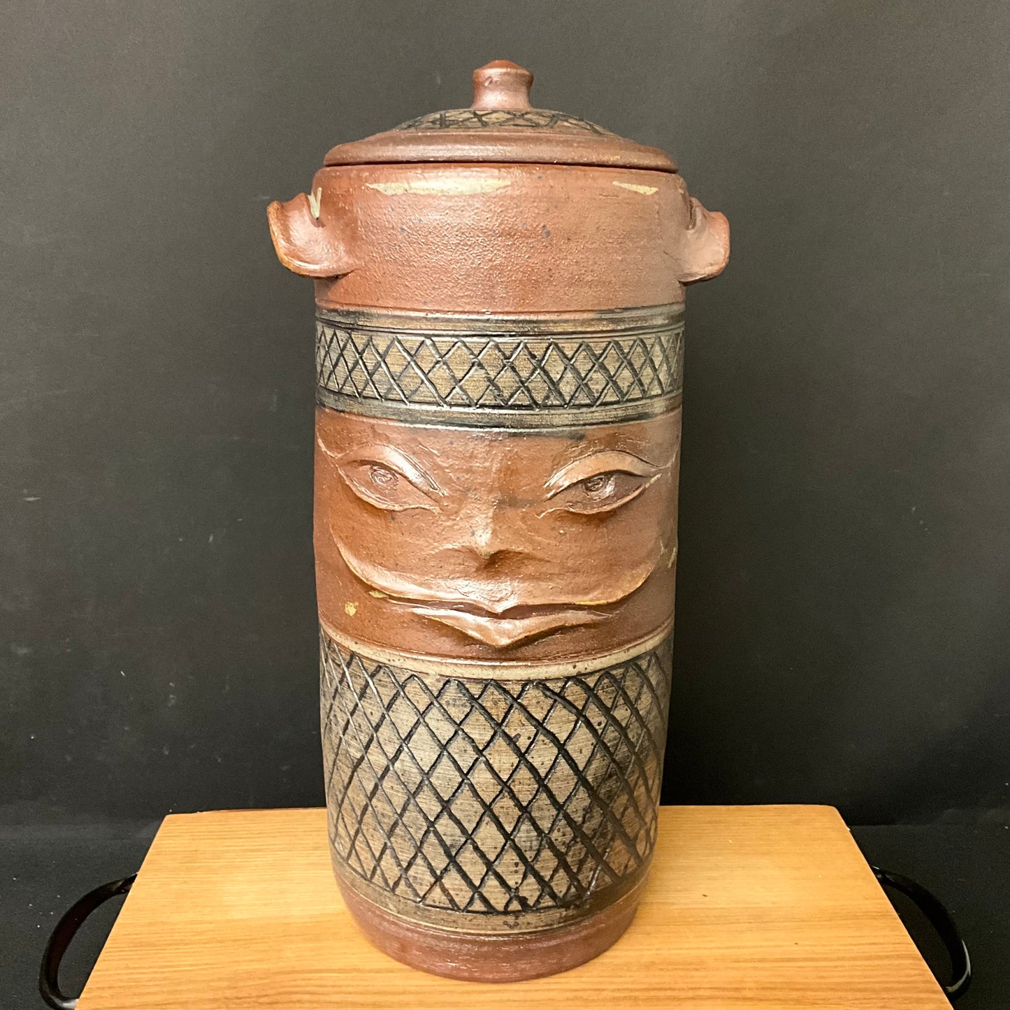 Tall Covered Face Jar in Brown with Cross-hatch Design