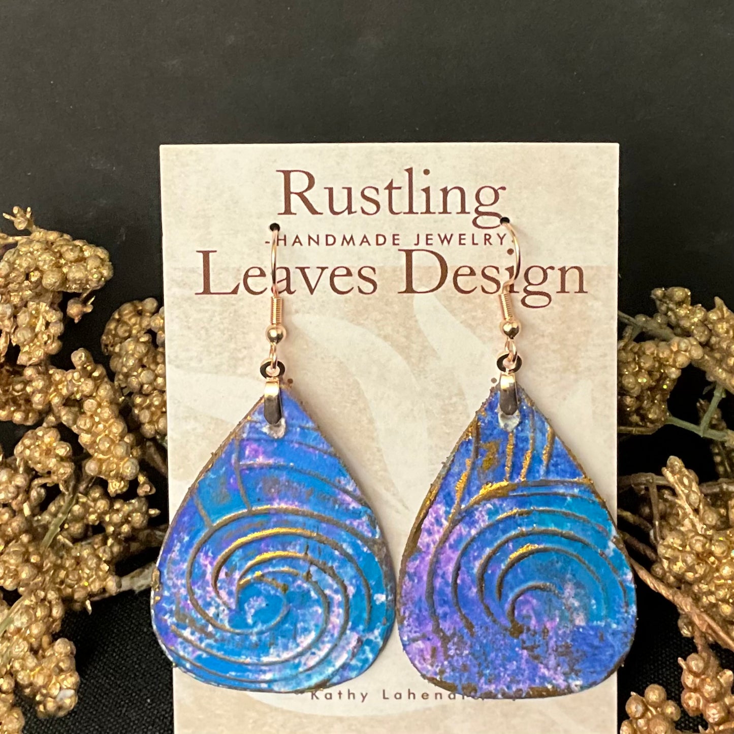 Blue & Purple Teardrops Earrings w Gilded Swirl Overlay