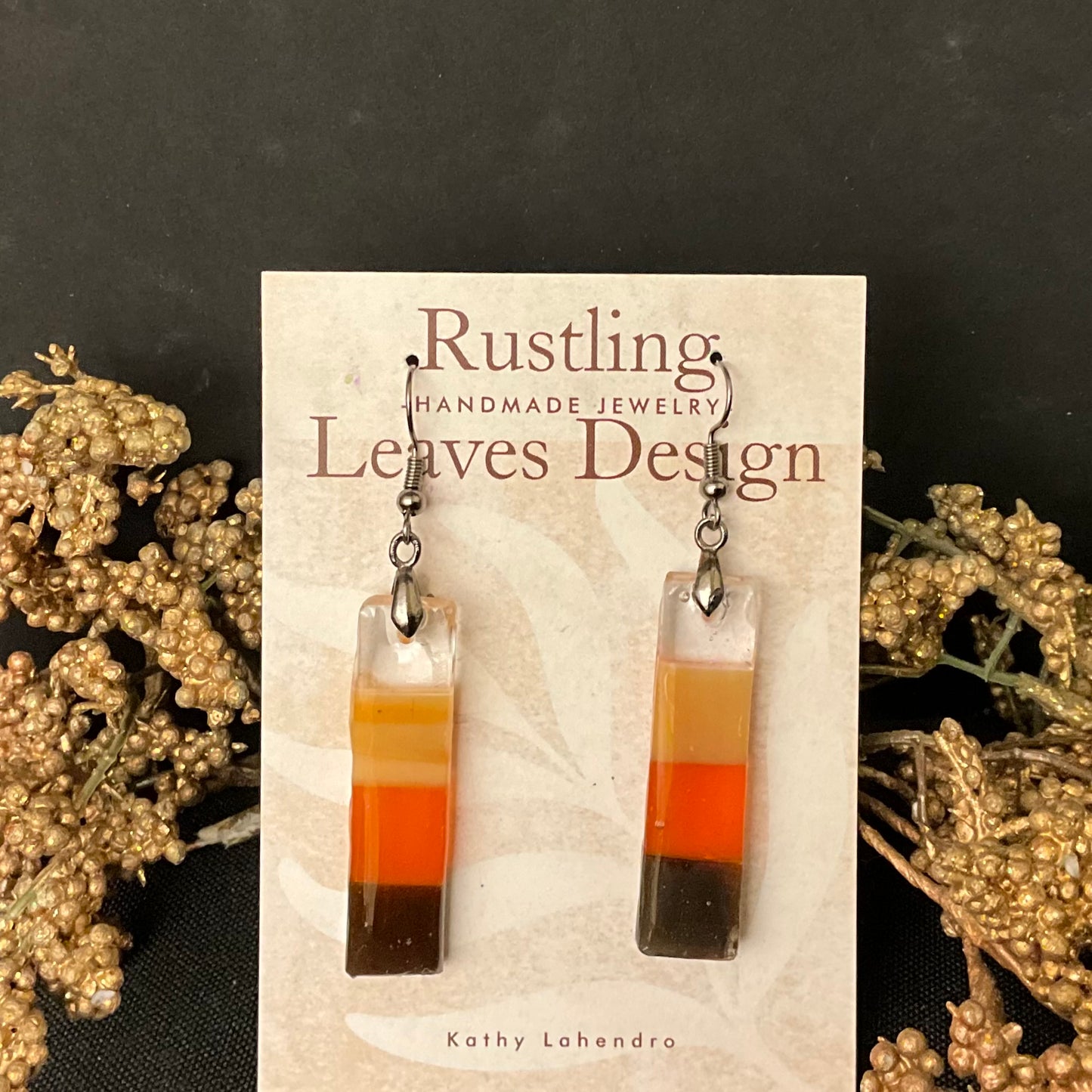 Rectangle Earrings in Glass & Resin - brown, orange & yellow