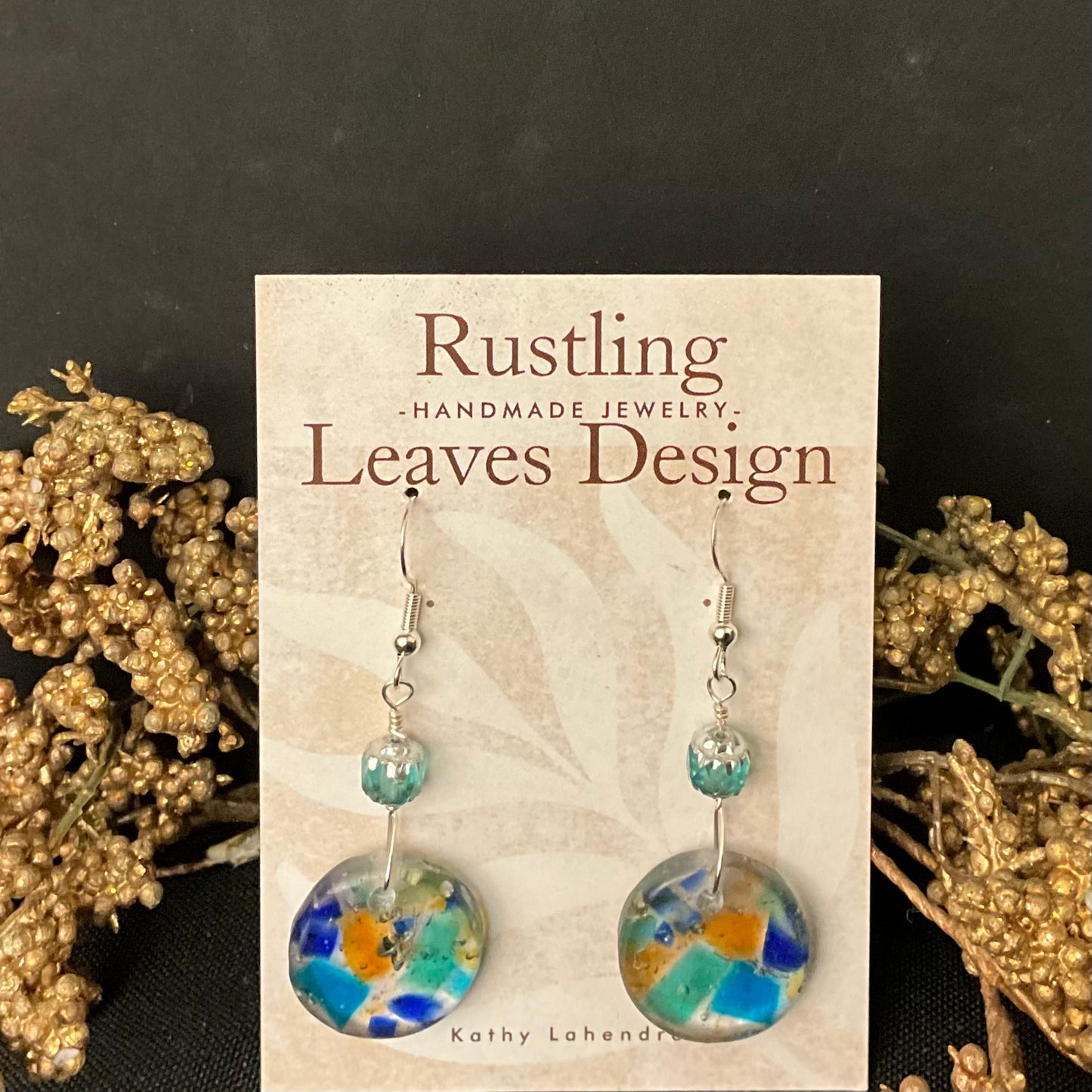 Disc Earrings in Glass & Resin - Blue, Green & Orange “ConfettI”