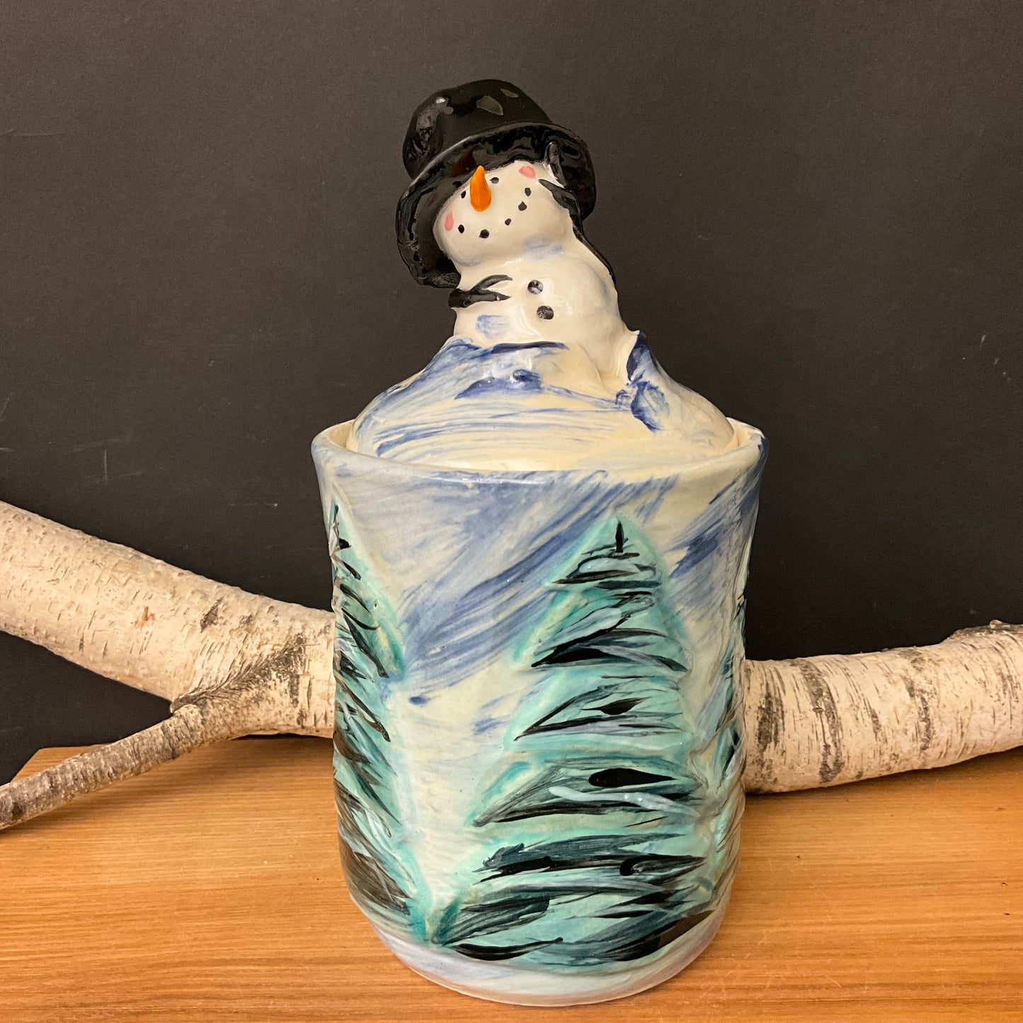 Lidded Jar Snowy Trees with Snowman Top