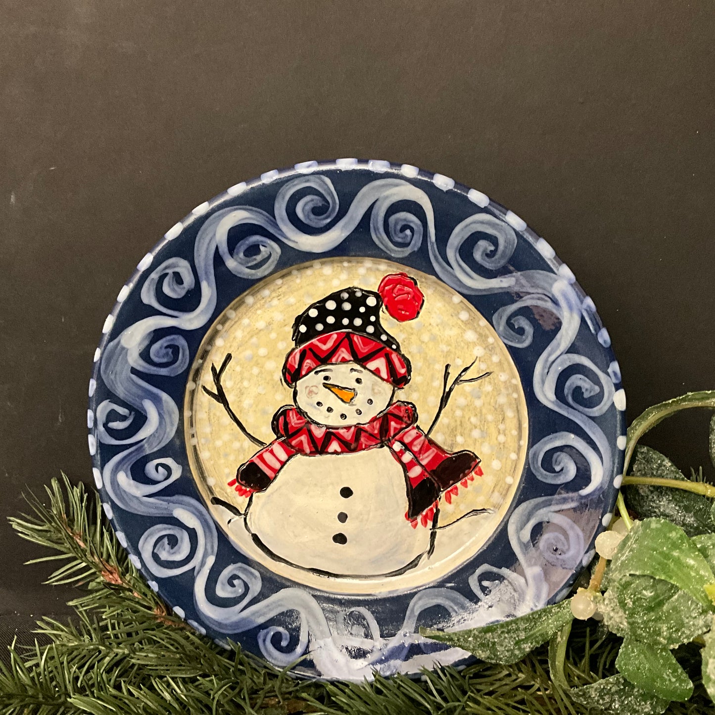 Plate Snowman with Red & Black Hat and Scarf