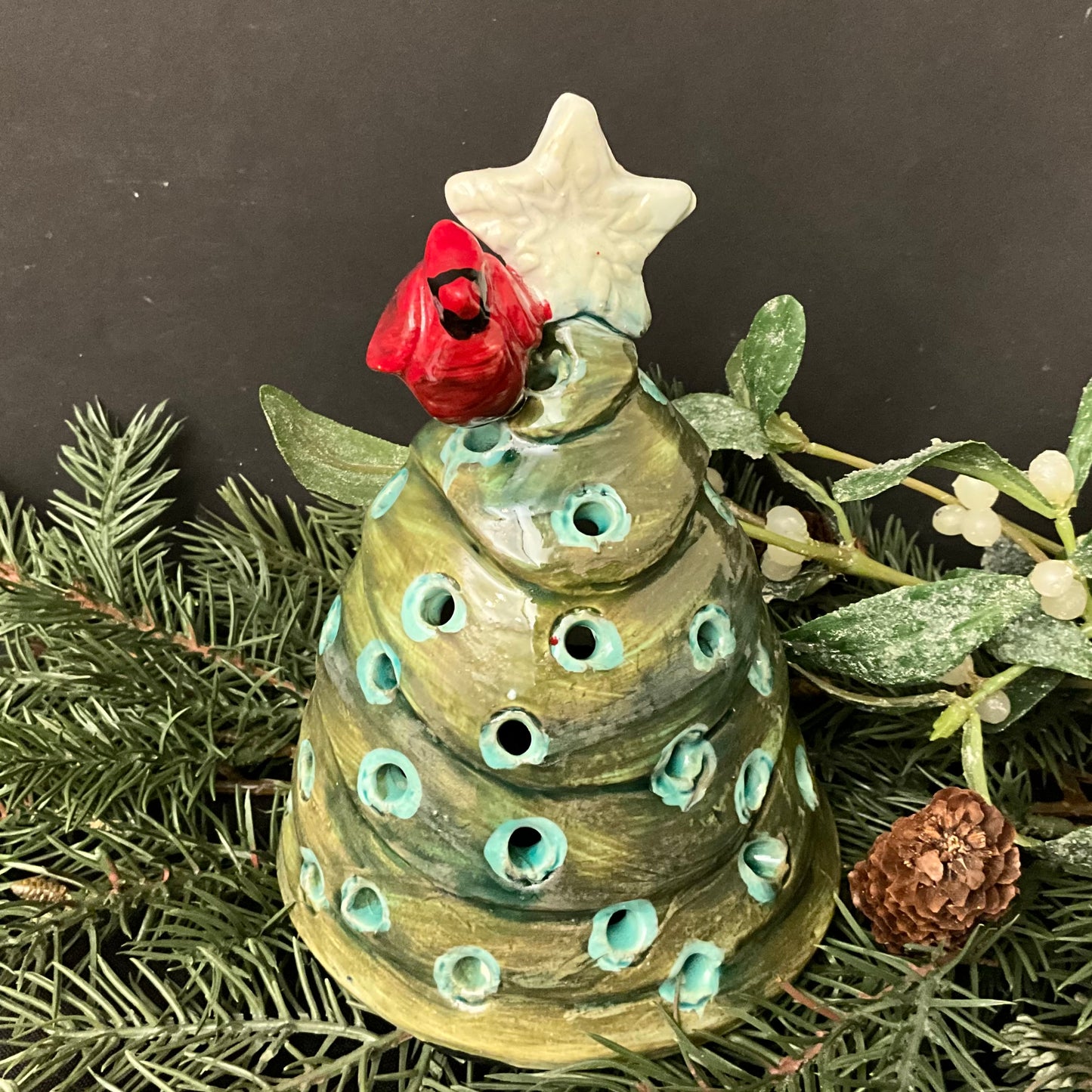 Ceramic Tree Luminaria in Olive Green with Cardinal & Star