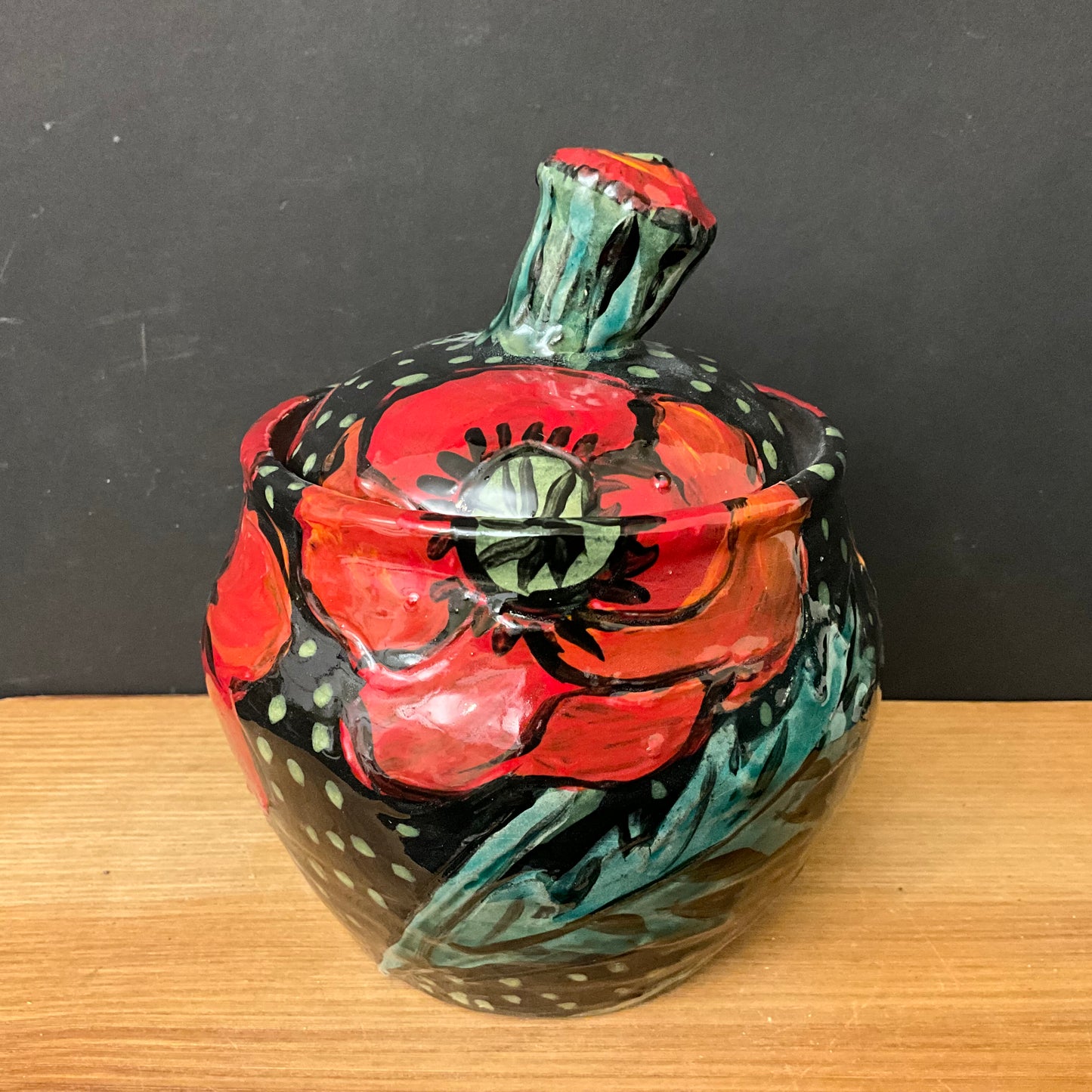 Ginger Jar Black with Red Poppies and Poppy Bud Finial