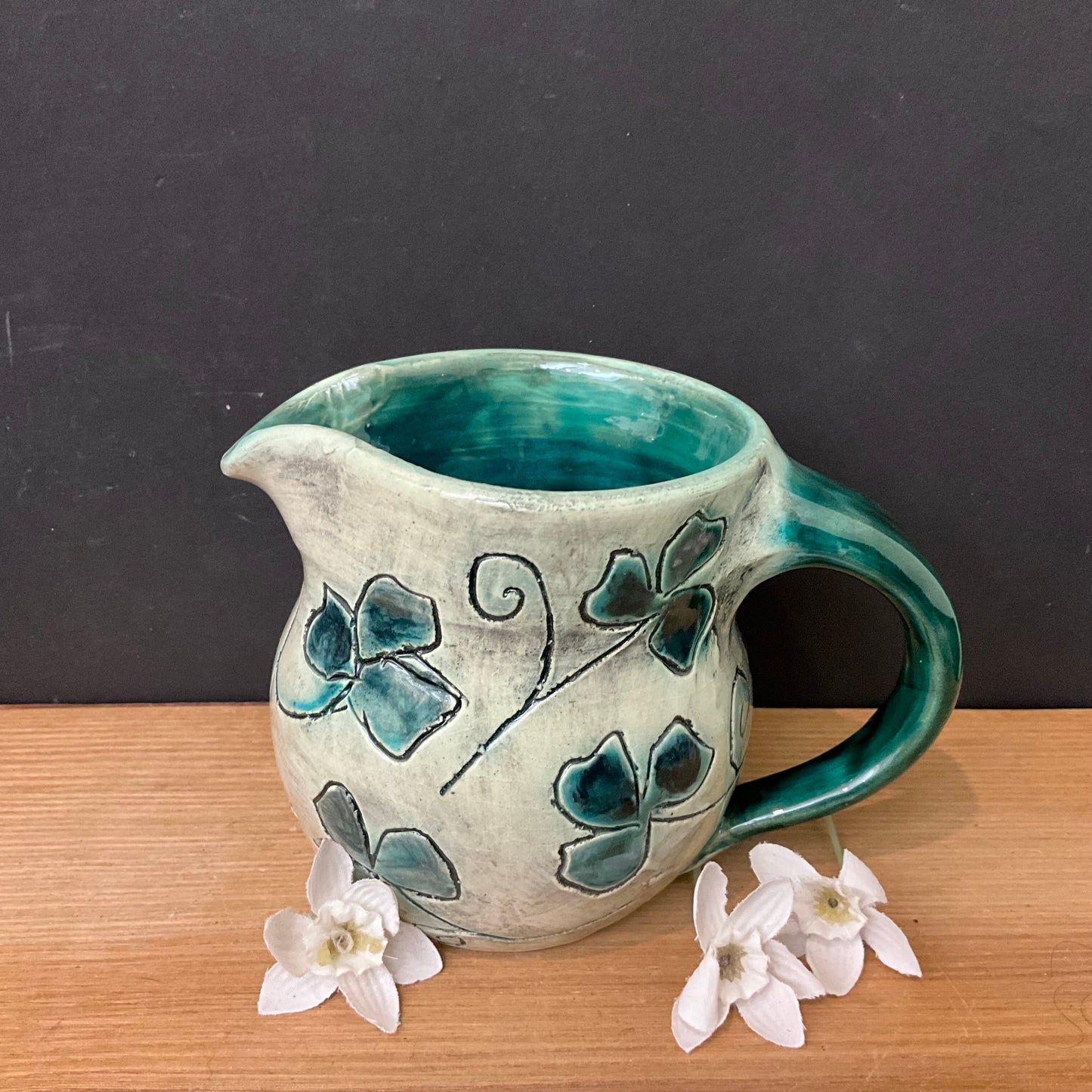 Small Pitcher with Carved Shamrocks & Green Interior