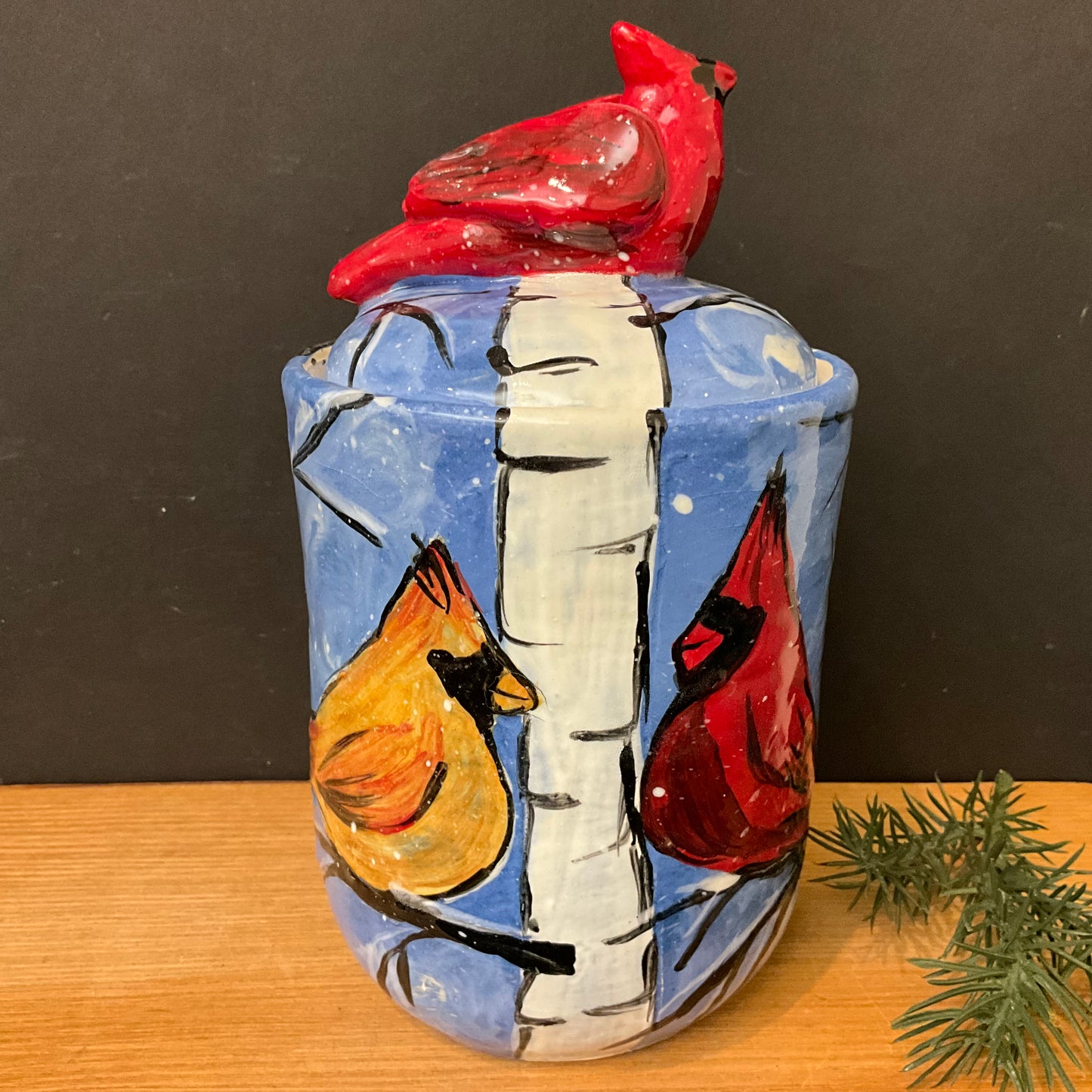 Tall Lidded Jar w Winter Cardinals on Blue & Male Cardinal Finial