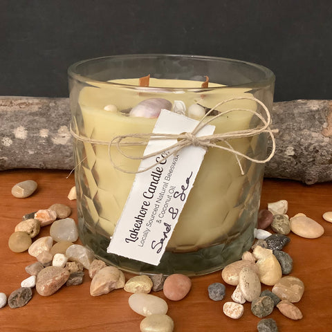 Beeswax Hex Glass wood wick Candle, Sea & Sand