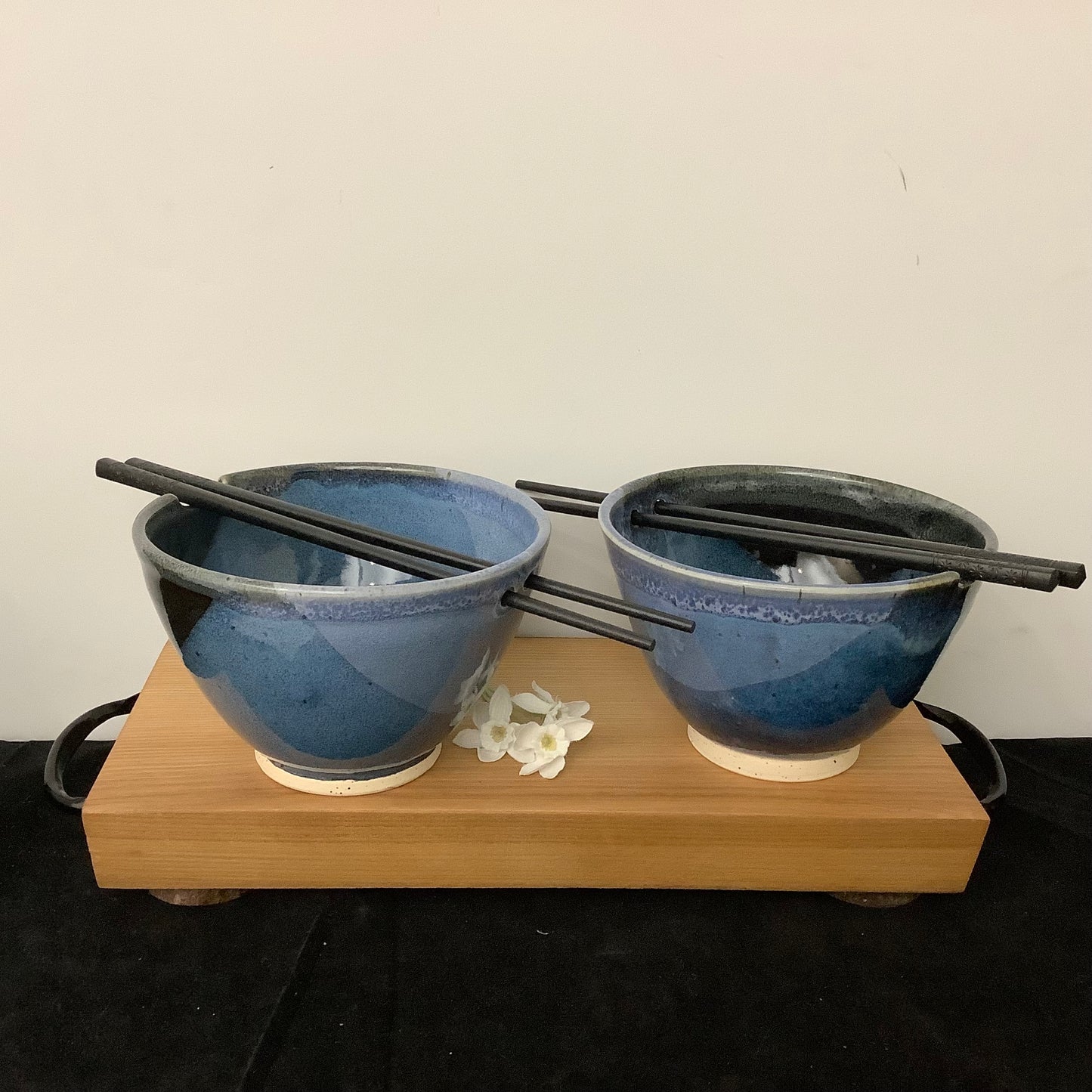 Set of Two Rice Bowls in Blue and Midnight Black with Chopsticks