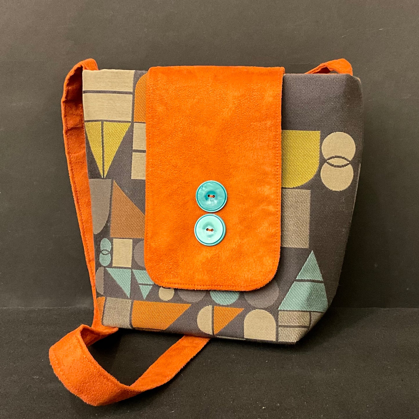 Crossbody Bag Momentum Geometric Orange Teal, Charcoal with Orange Microsuede Handle