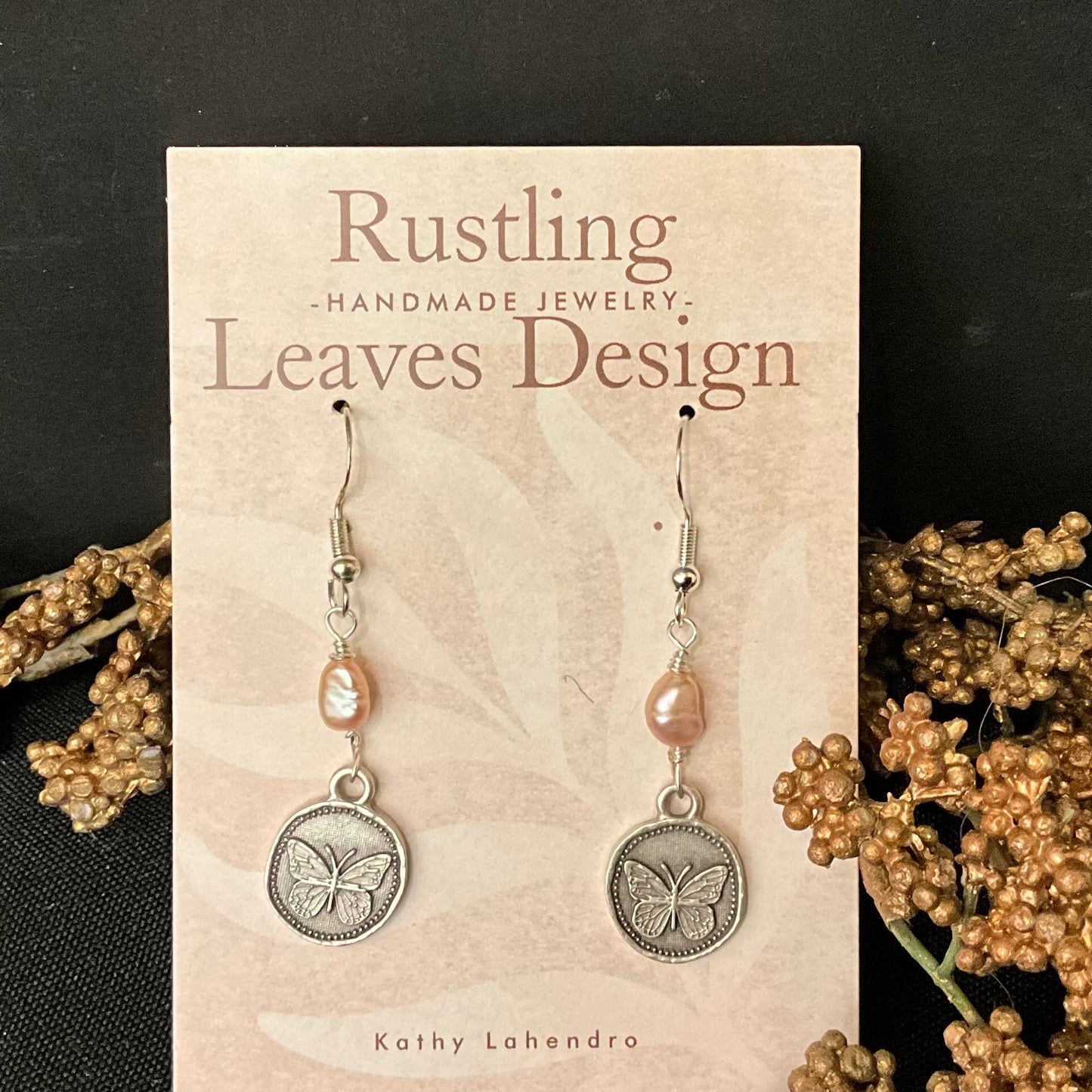 Petite Pewter Earrings Butterfly Design w Pink Fresh Water Pearl