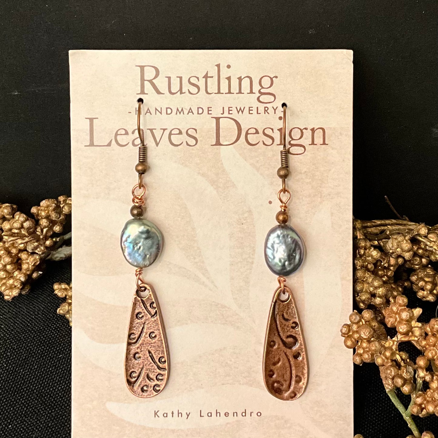 Narrow Copper Teardrop Earring w Freshwater Pearl