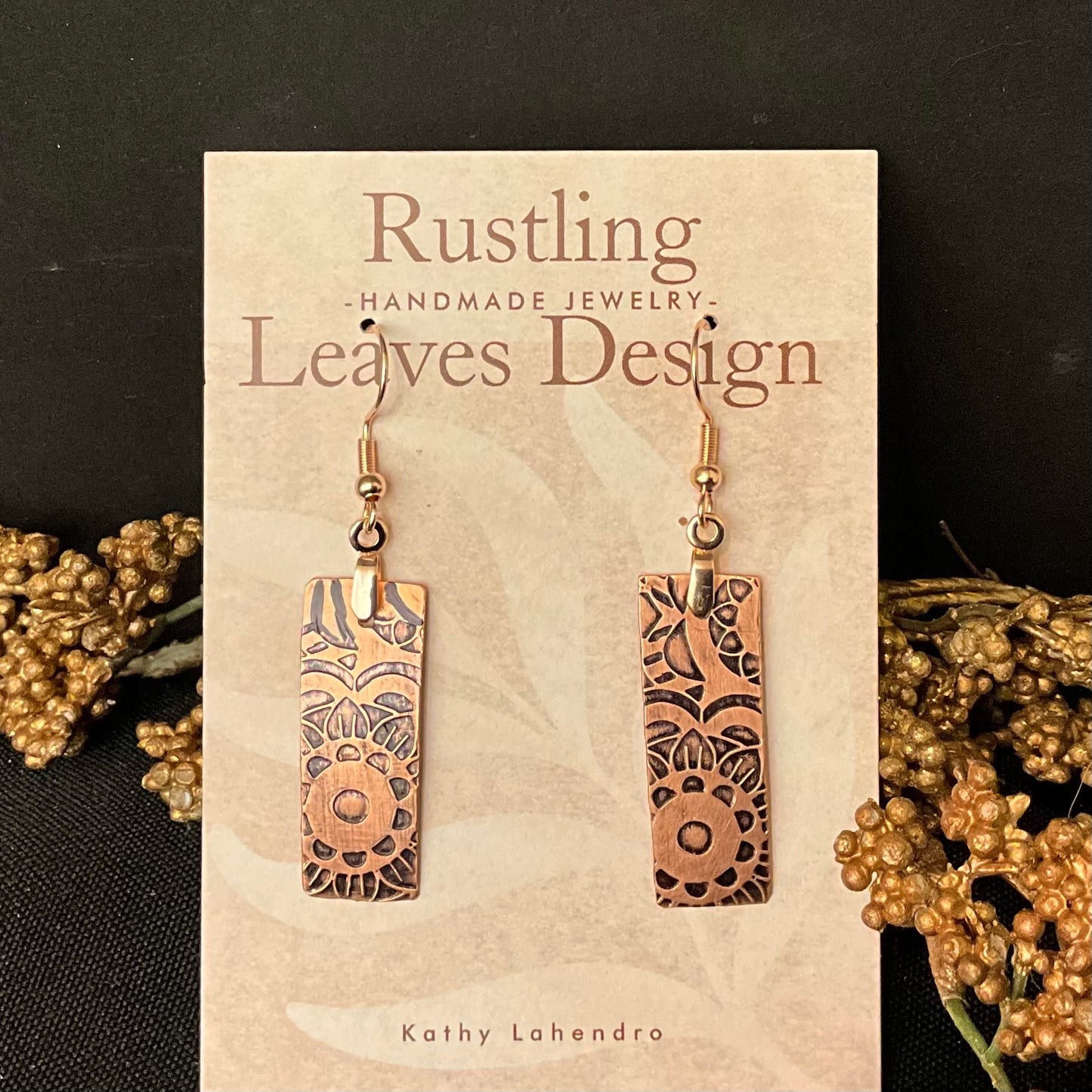 Narrow Rectangle Copper Earrings w Art Deco Design