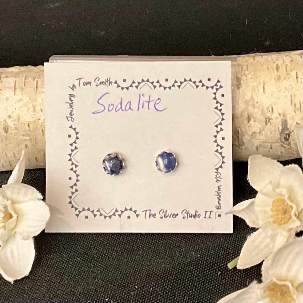6mm Silver Post Earrings Sodalite