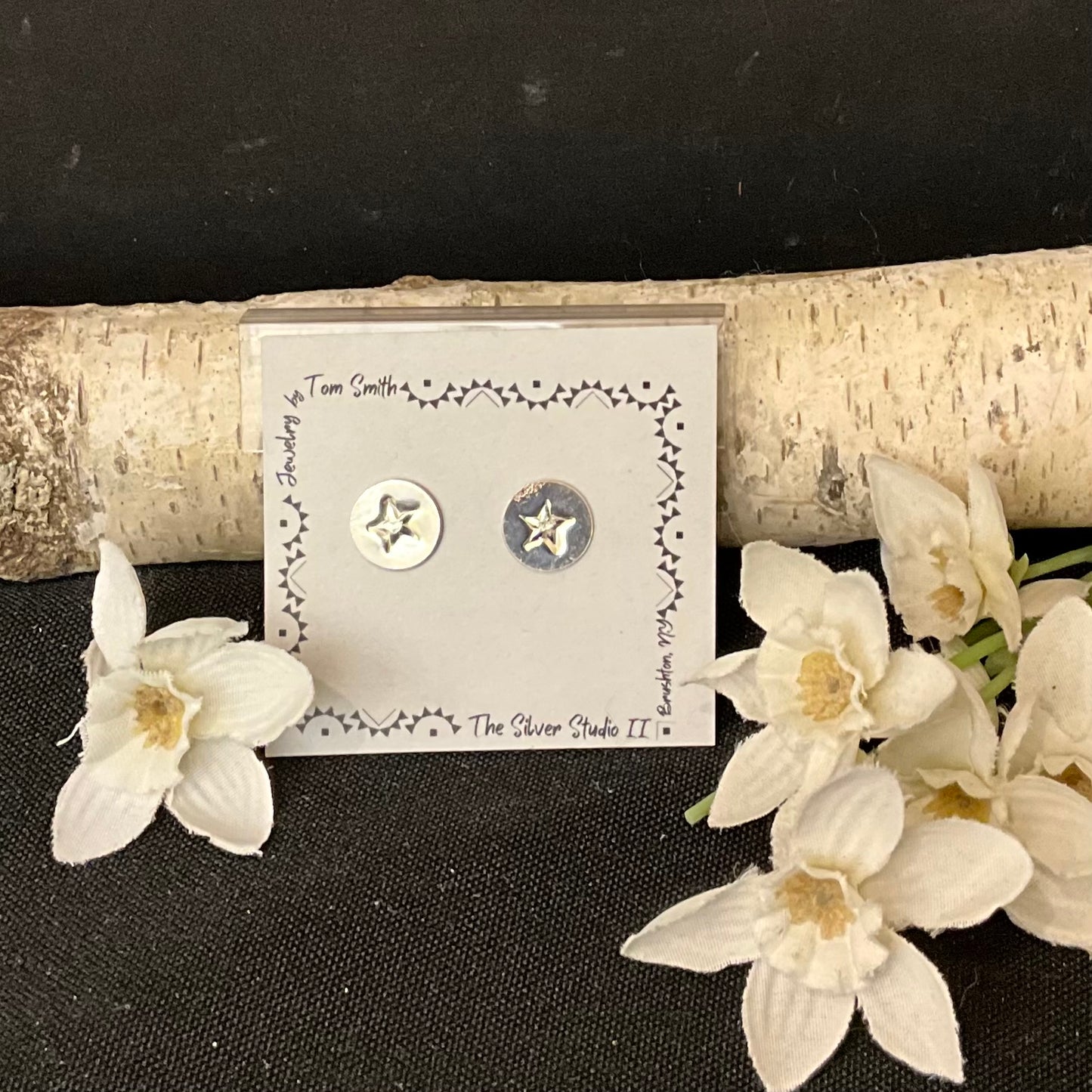 3/8” Stamped Disc Silver Post Earrings Star Design