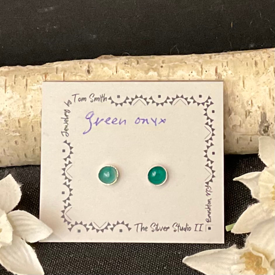 5mm Silver Post Earrings Green Onyx