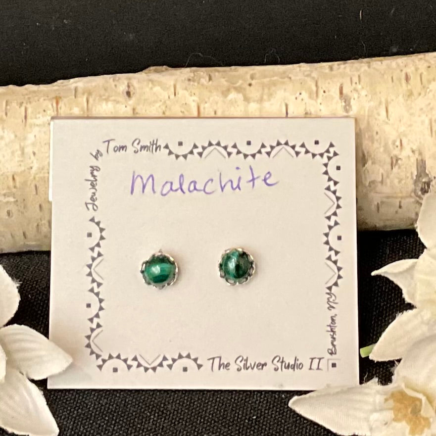 5mm Silver Post Earrings Malachite