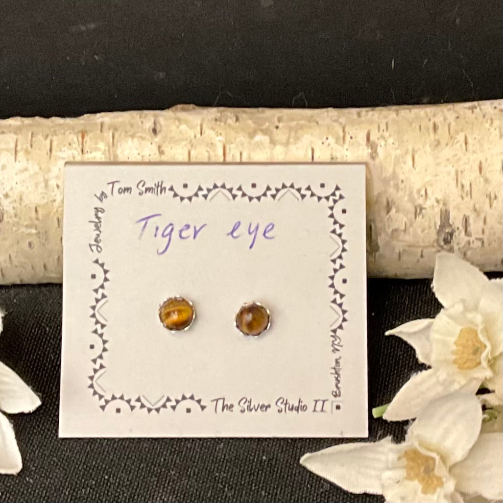 5mm Silver Post Earrings Tiger Eye