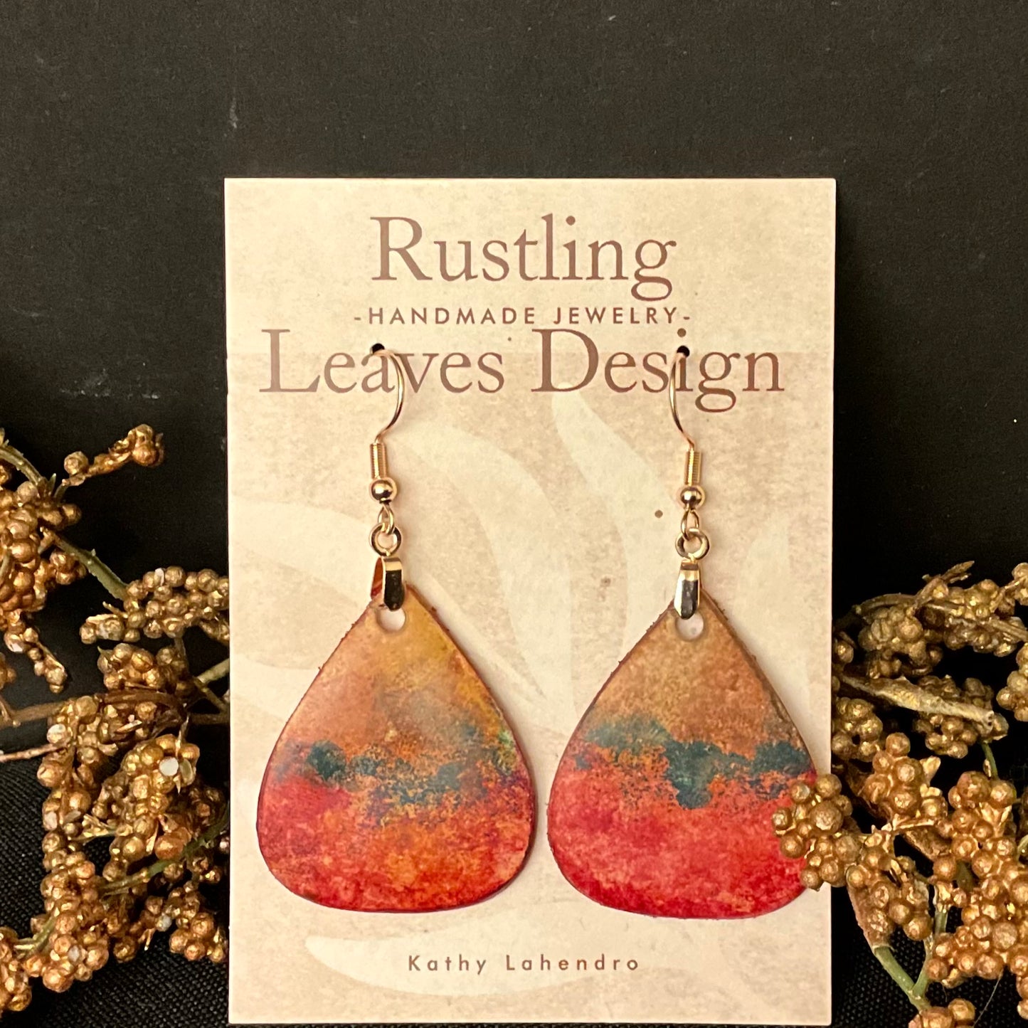 “Hombre” Broad Teardrop Earrings in Orange, Blue and Gold