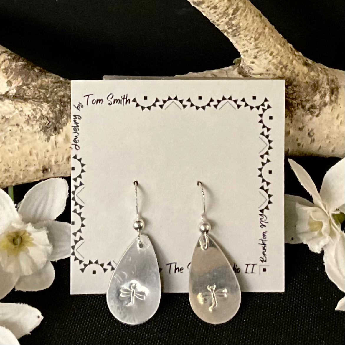 Teardrop Silver Earrings with Stamped Dragonfly Design