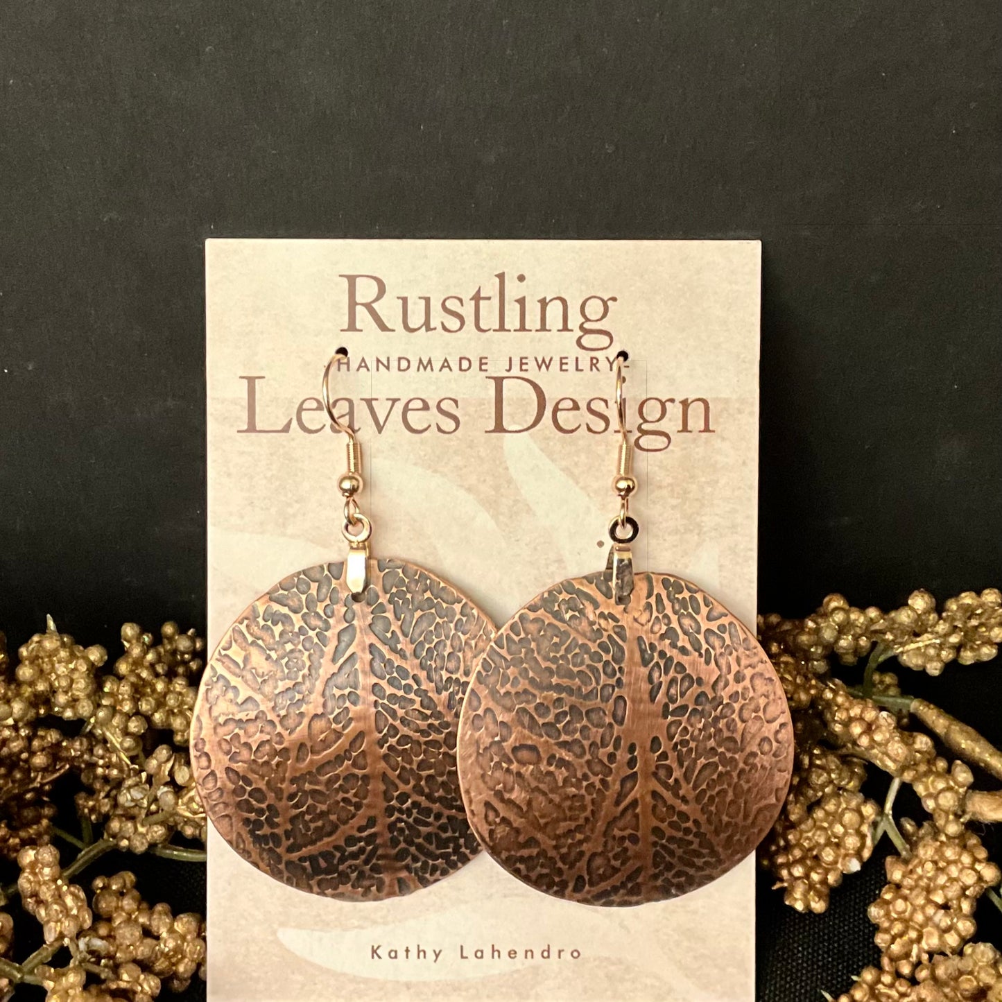 Large Curved Copper Disc Earrings with Abstract Branch Design