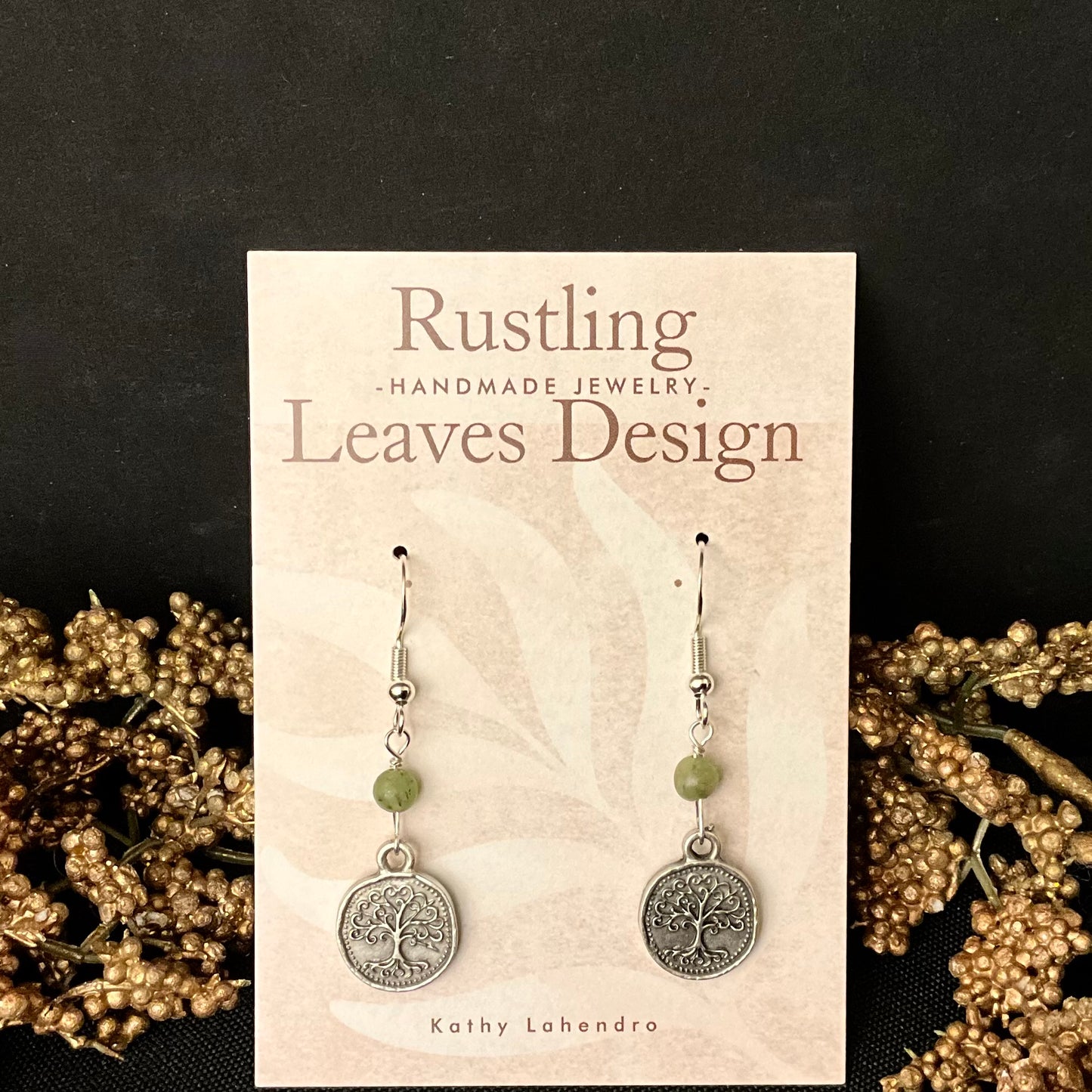 Petite Pewter Earrings with Tree Design and Jade Bead