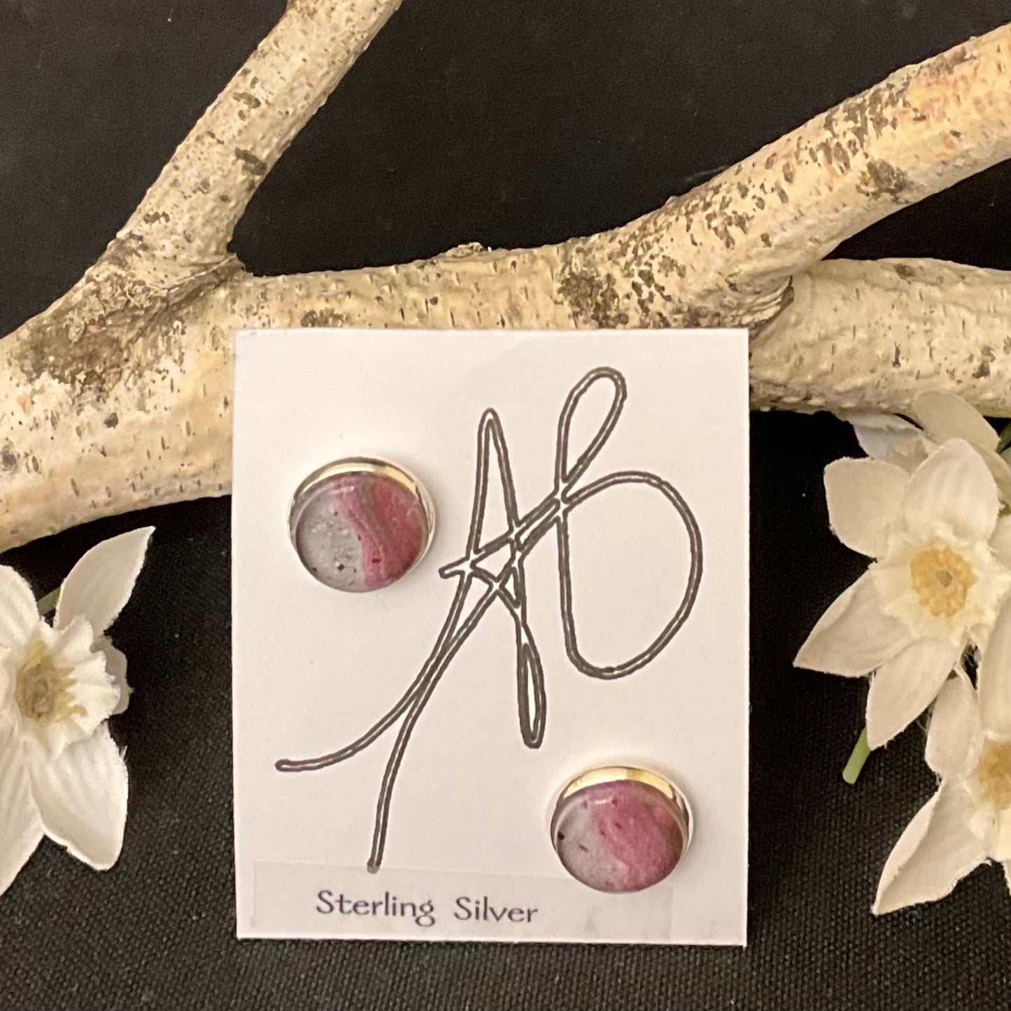 Silver Post Earrings in Muted Rose and Lavender