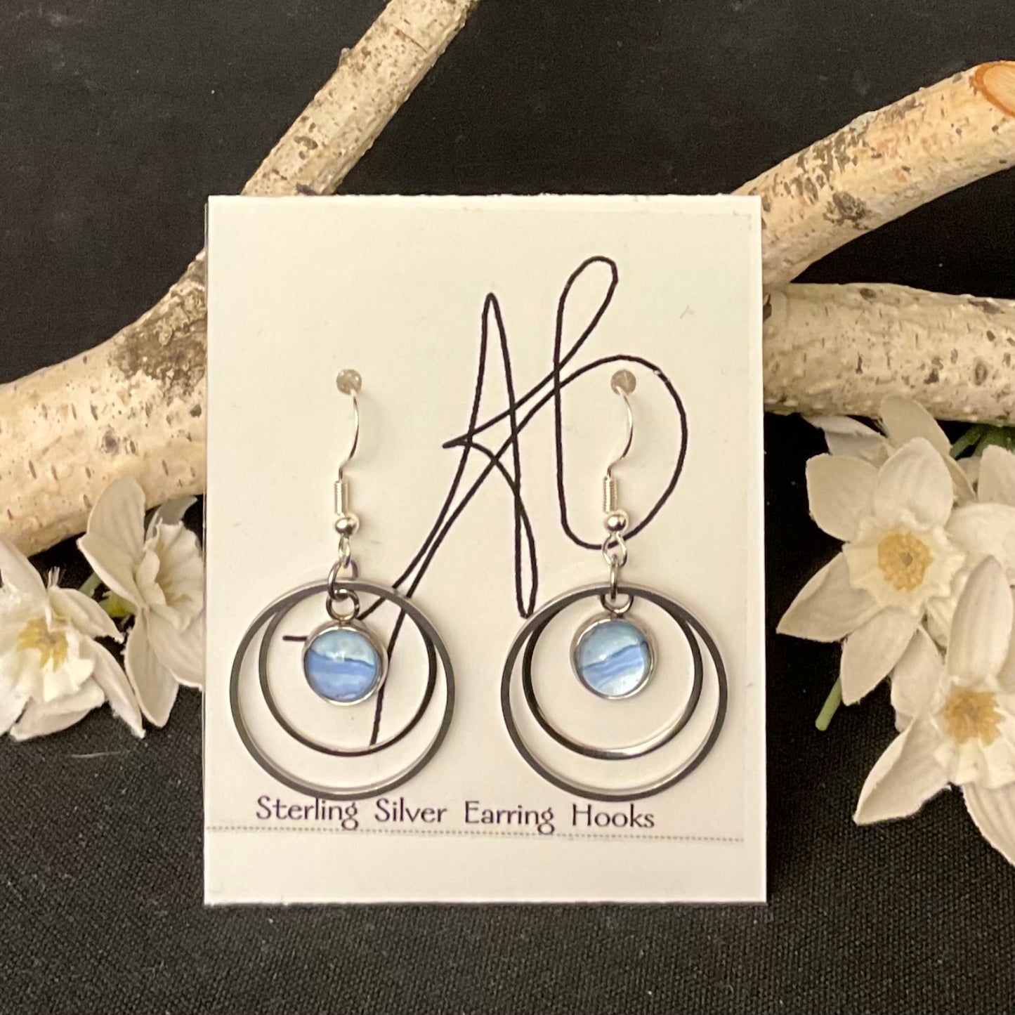 Silver Double Hoop Earrings in Sky Blue