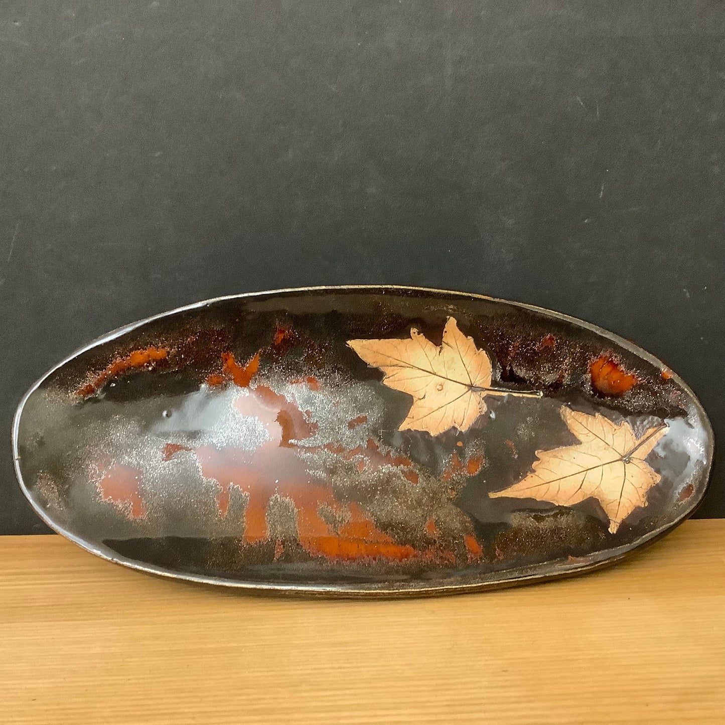 Spoon Rest Maple Leaves Design with Dark Brown “Iridescent” Glaze