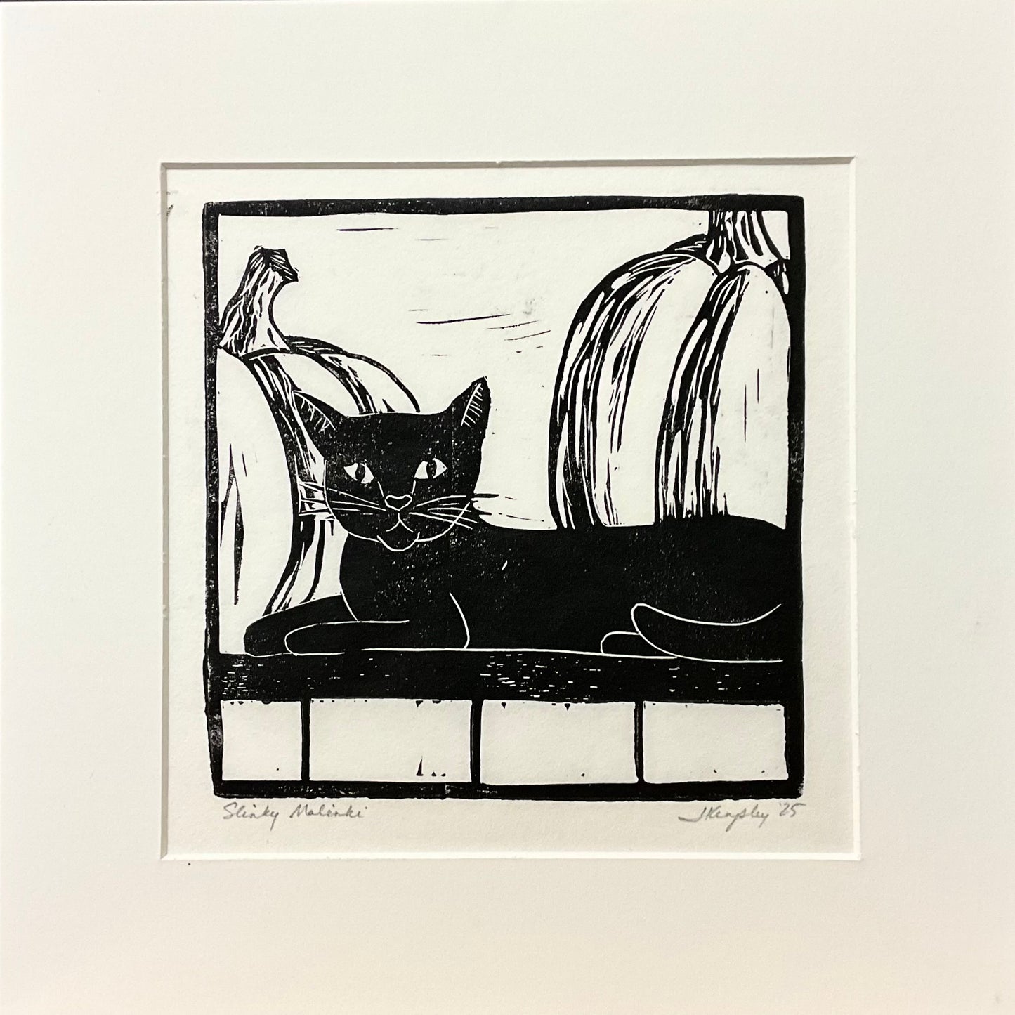 “Slinky Malinki” Rubber Block Print with White Mat
