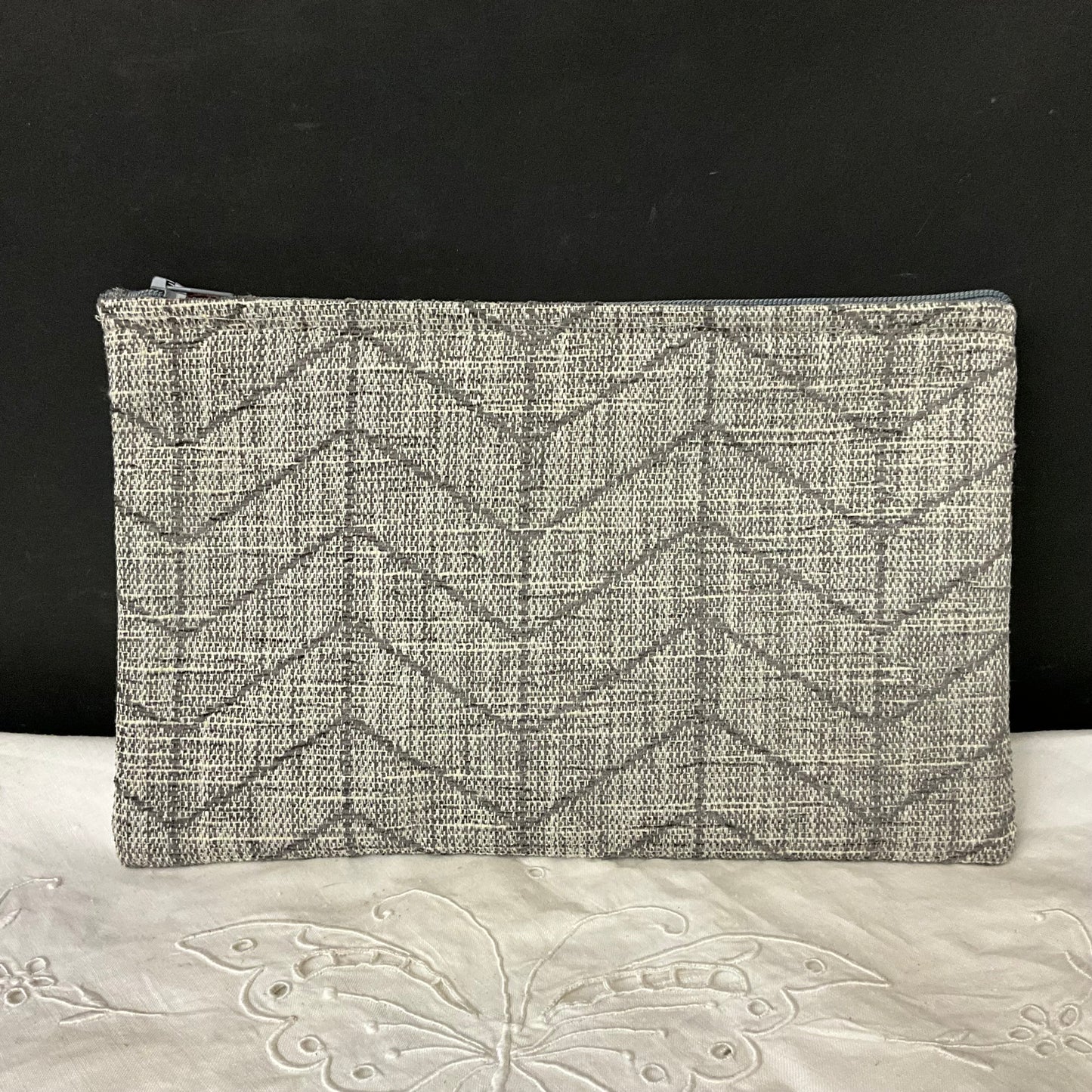 ZIpper Top Clutch Bag White, Gray & Muted Gold Tapestry