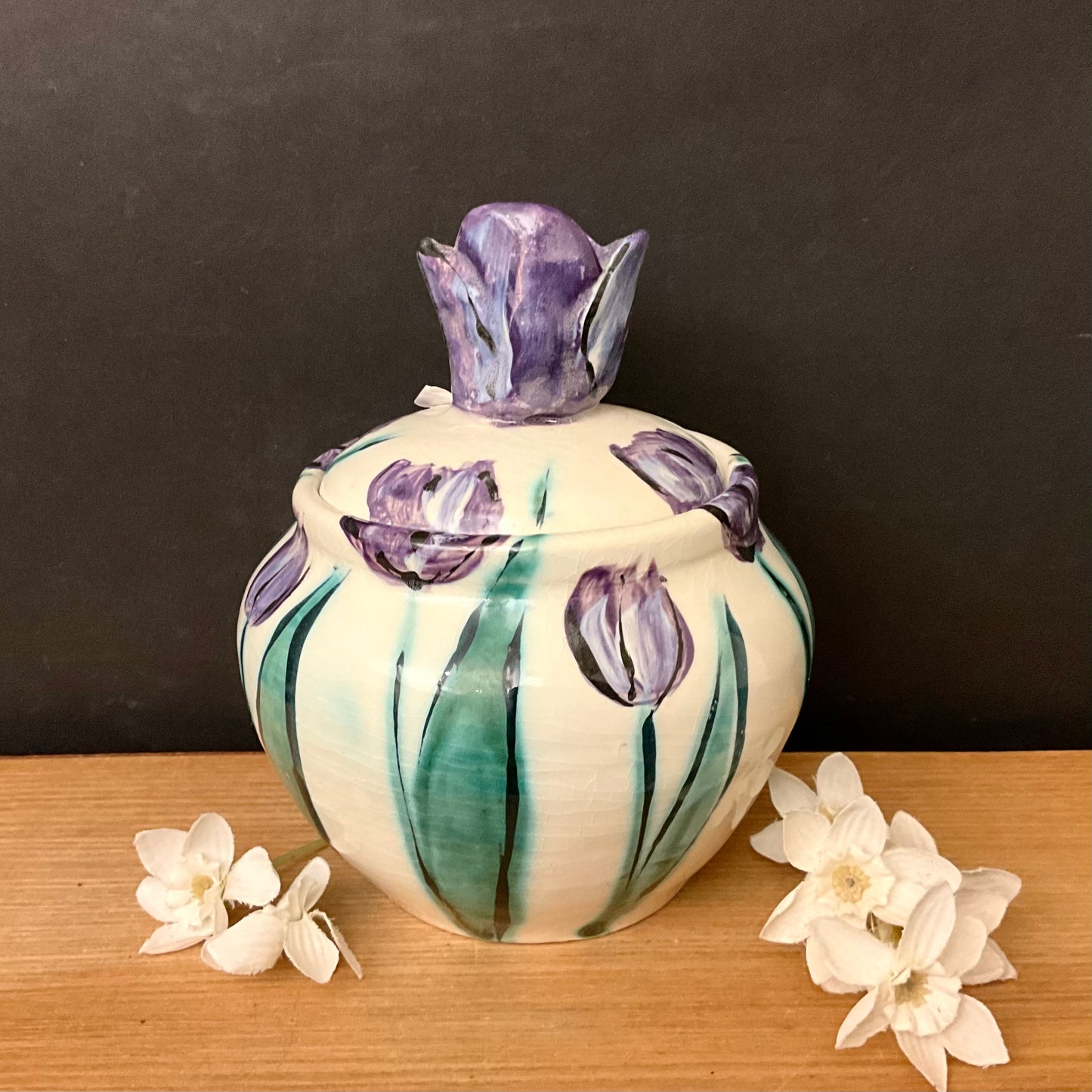 White Ginger Jar with Purple Tulips and Tulip Finial