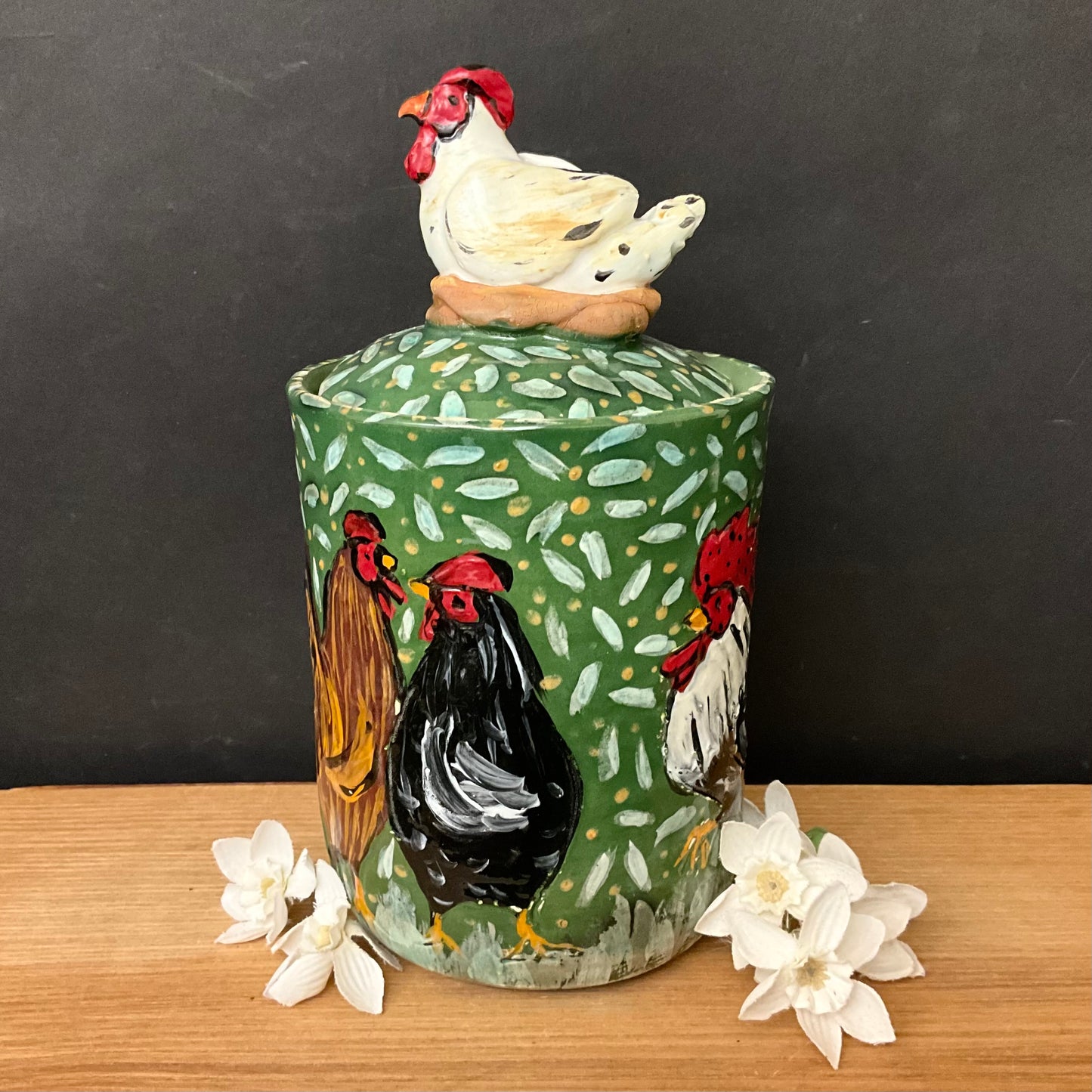 Tall Lidded Jar Green with Roosters, Hens and Hen Finial