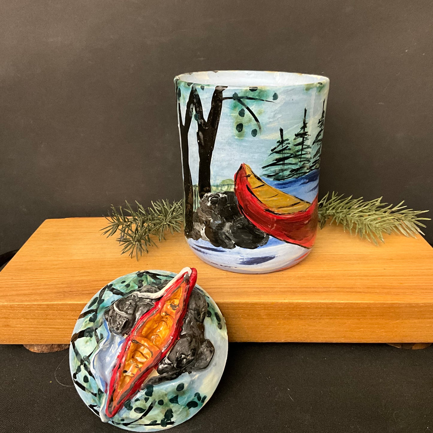 Tall Lidded Jar with Red Canoe Finial