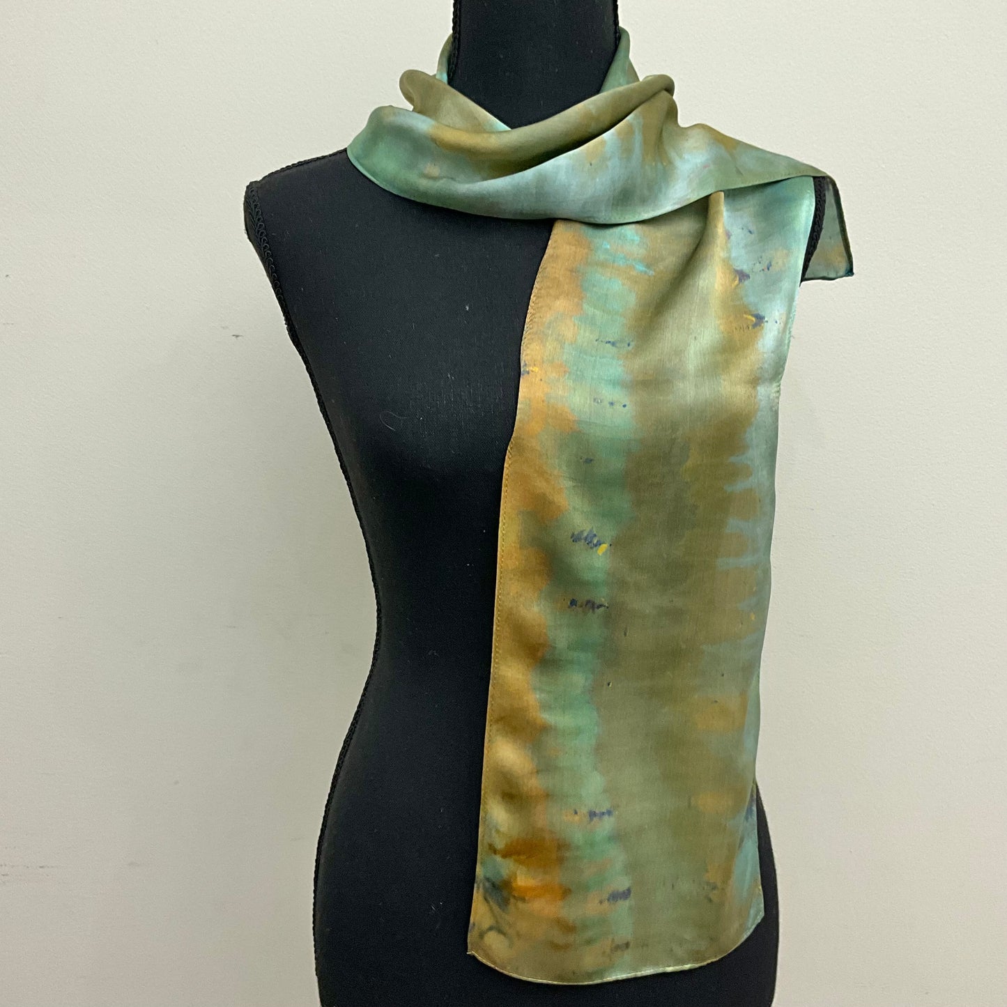 Narrow Ice Dyed Silk Satin Scarf - Turquoise Colorway
