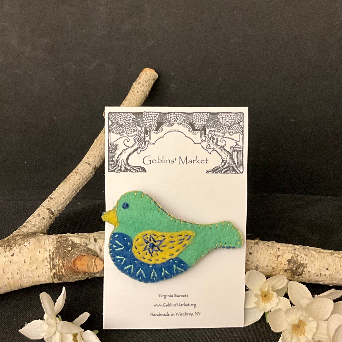 Bird Felt Pin in Light Green, Blue and Yellow