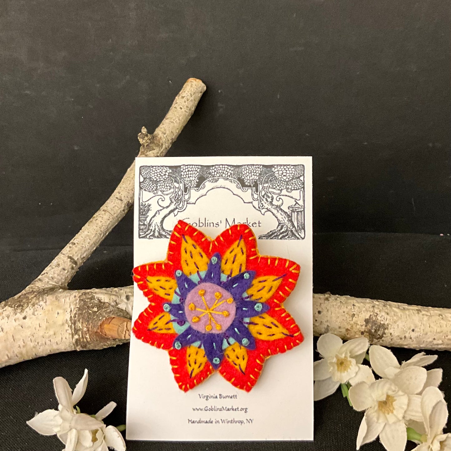 Floral Felt Pin in Tomato Red, Orange, Purple and Aqua