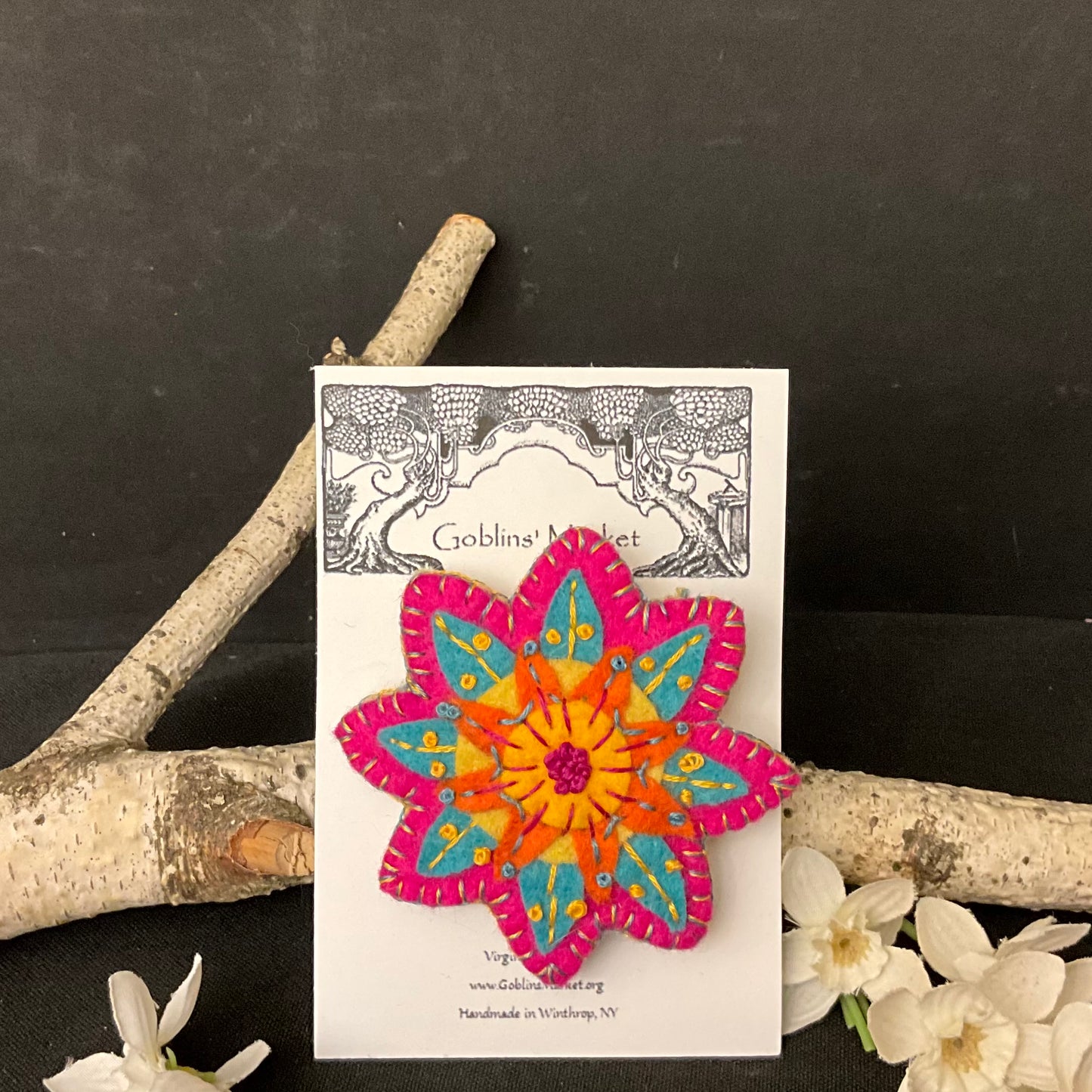 Floral Felt Pin in Fuchsia, Turquoise, Orange and Gold
