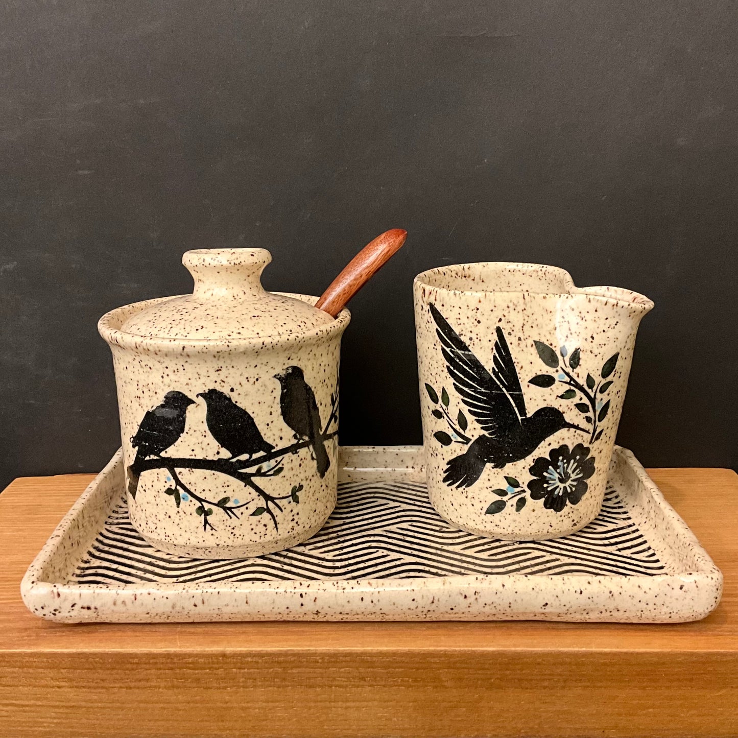 Cream and Sugar set w/ Tray and Wooden Spoon
