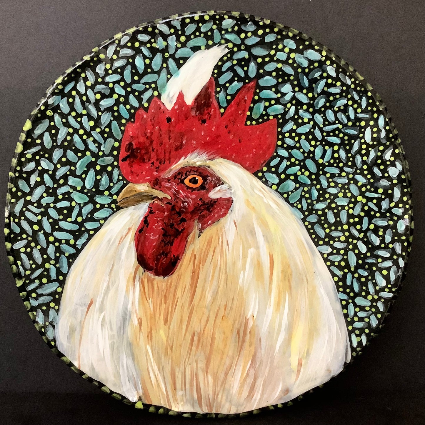 Round Platter with White Rooster