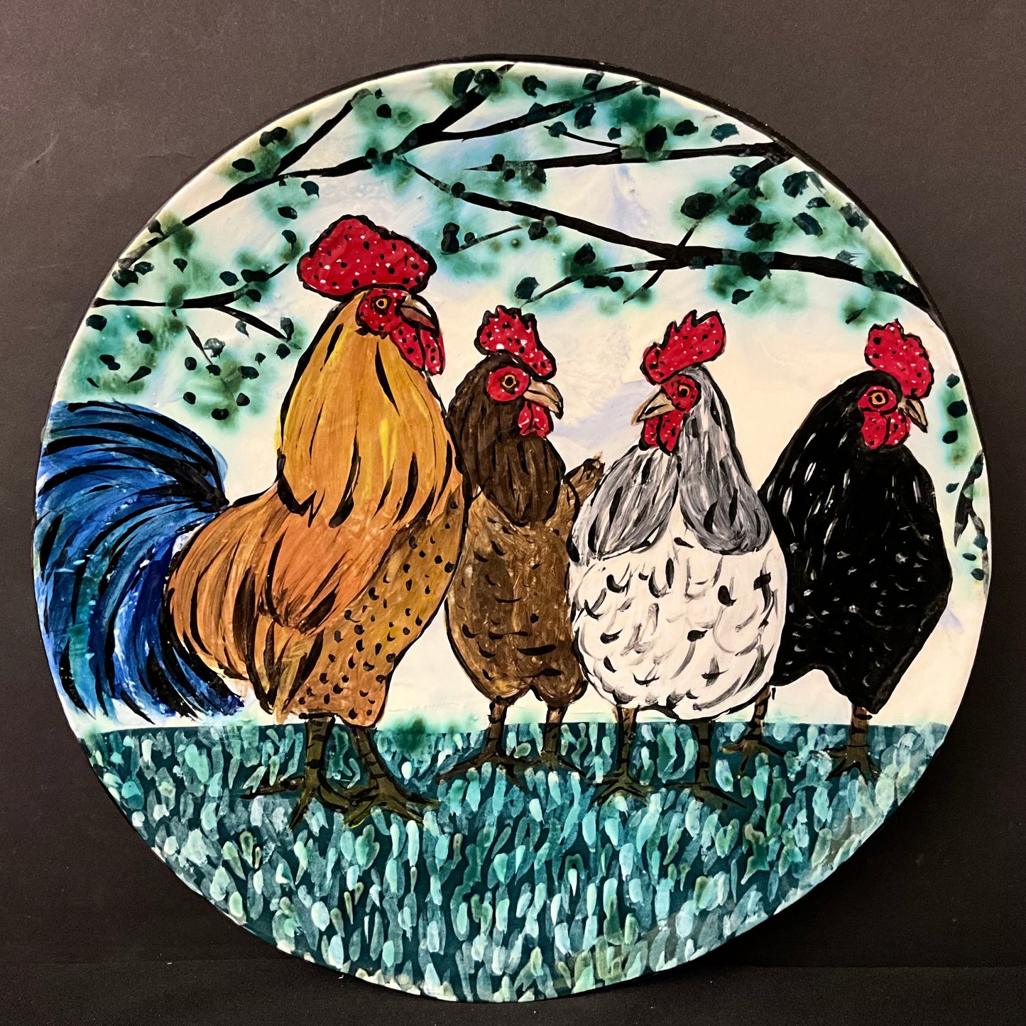 Large Plate with Rooster and 3 Hens