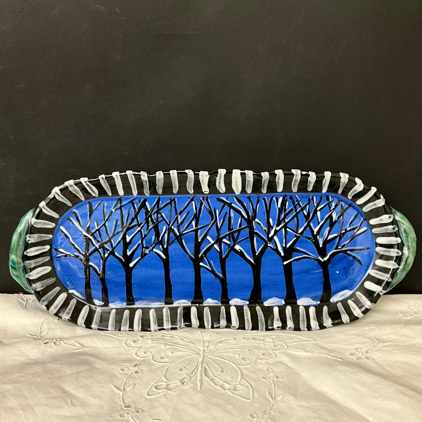 Narrow Tray with Winter Trees on Deep Blue