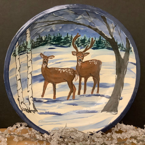 Shallow Bowl with Deer in the Woods