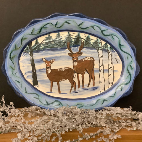 Oval Serving Plate w Deer in the Woods