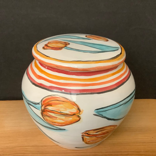 Large White Ginger Jar with Orange Tulips