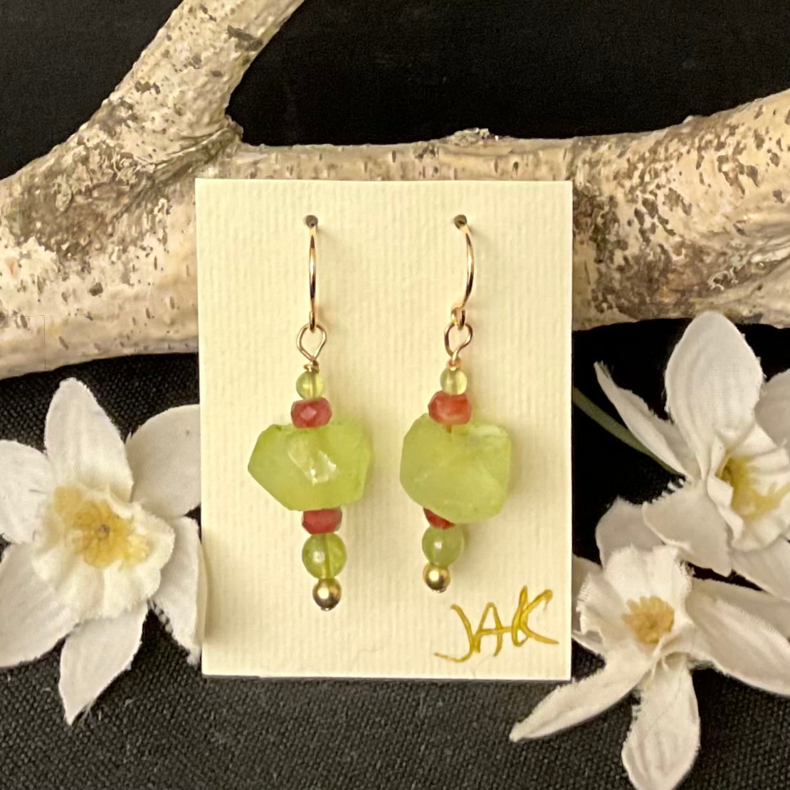 Yellow Beach Glass with Peridot Spinell and Gold Filled Beads Earrings #301