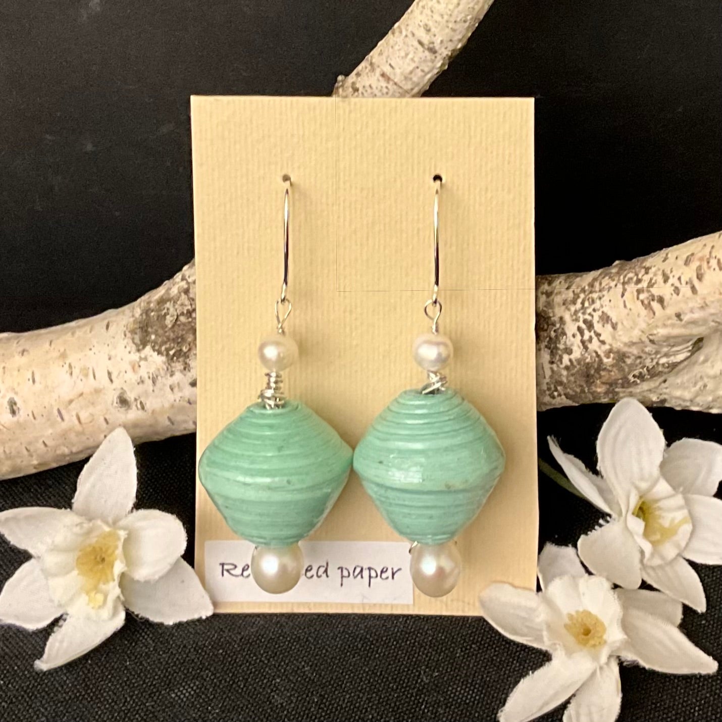 Recycled Paper Green Bead with freshwater Pearls Earrings #299